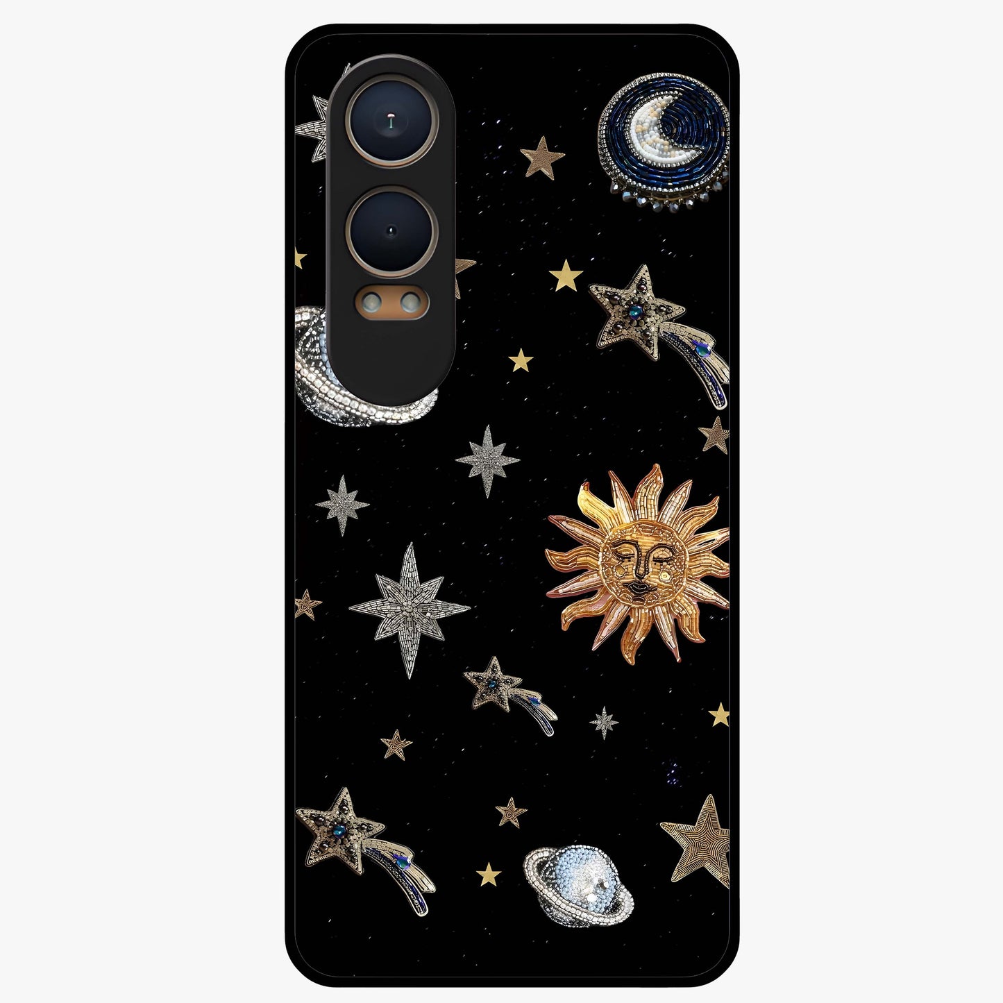 Beaded Cosmic Dreams Glass Case for 1+Nord CE 4 Lite front view featuring celestial bead inspired cosmic artwork