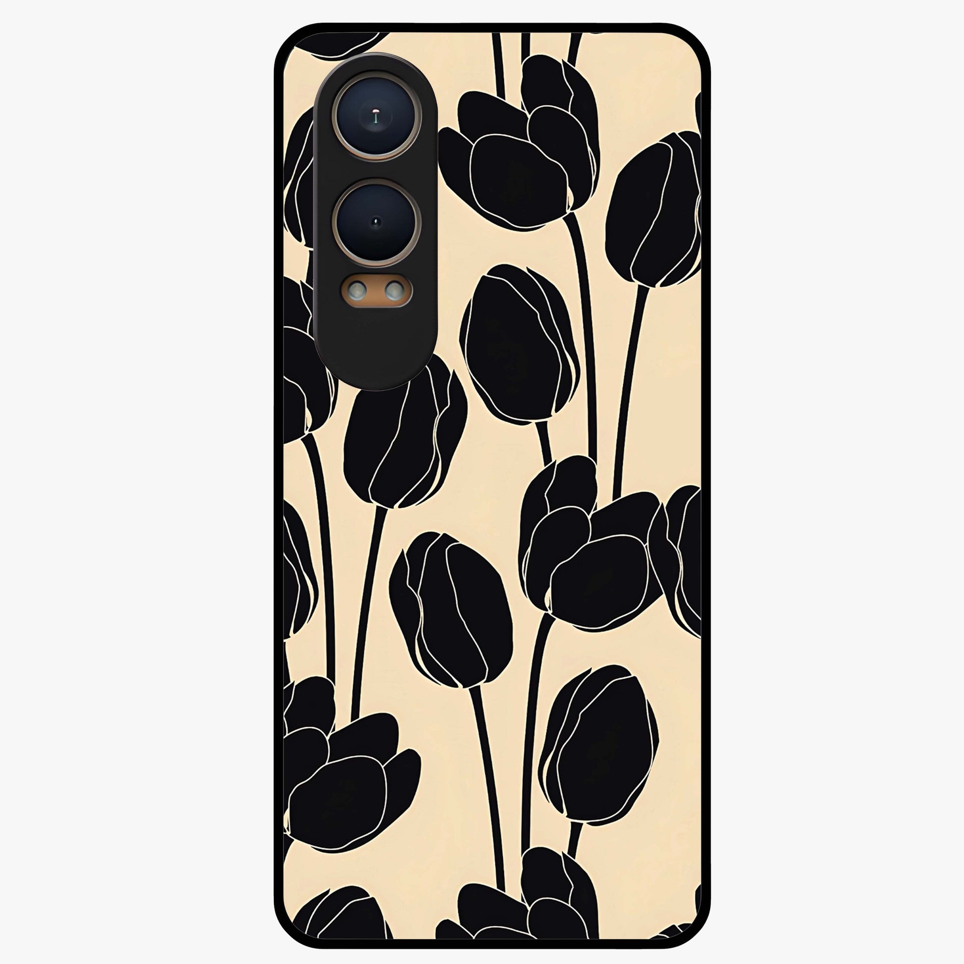 Black Designer Tulip Glass Case for 1+Nord CE 4 Lite elegant front view featuring refined tulip artwork on black background