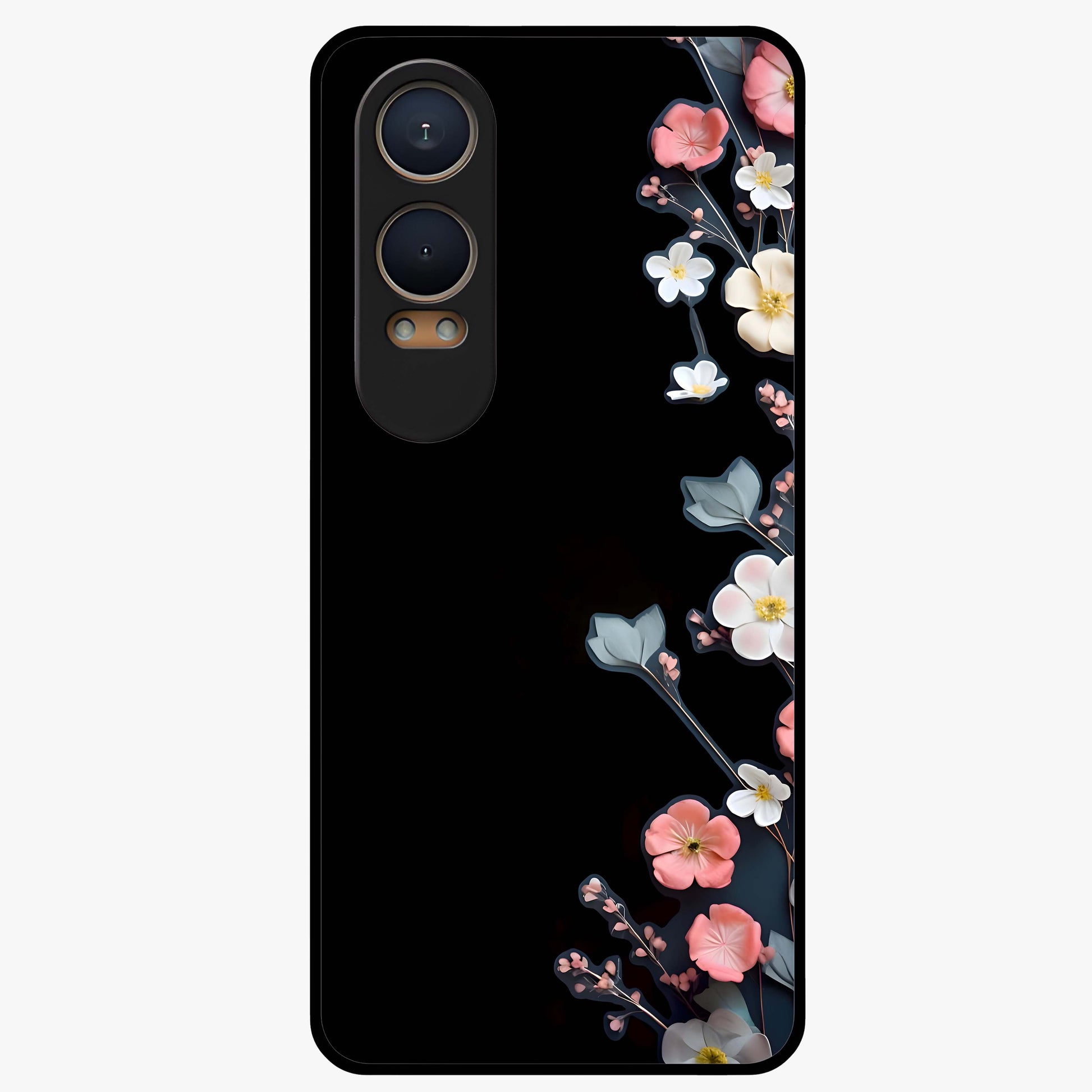 Black Elegance Floral Custom Name Glass Case for 1+Nord Ce 4 Lite luxurious front view featuring floral artwork with personalized name design