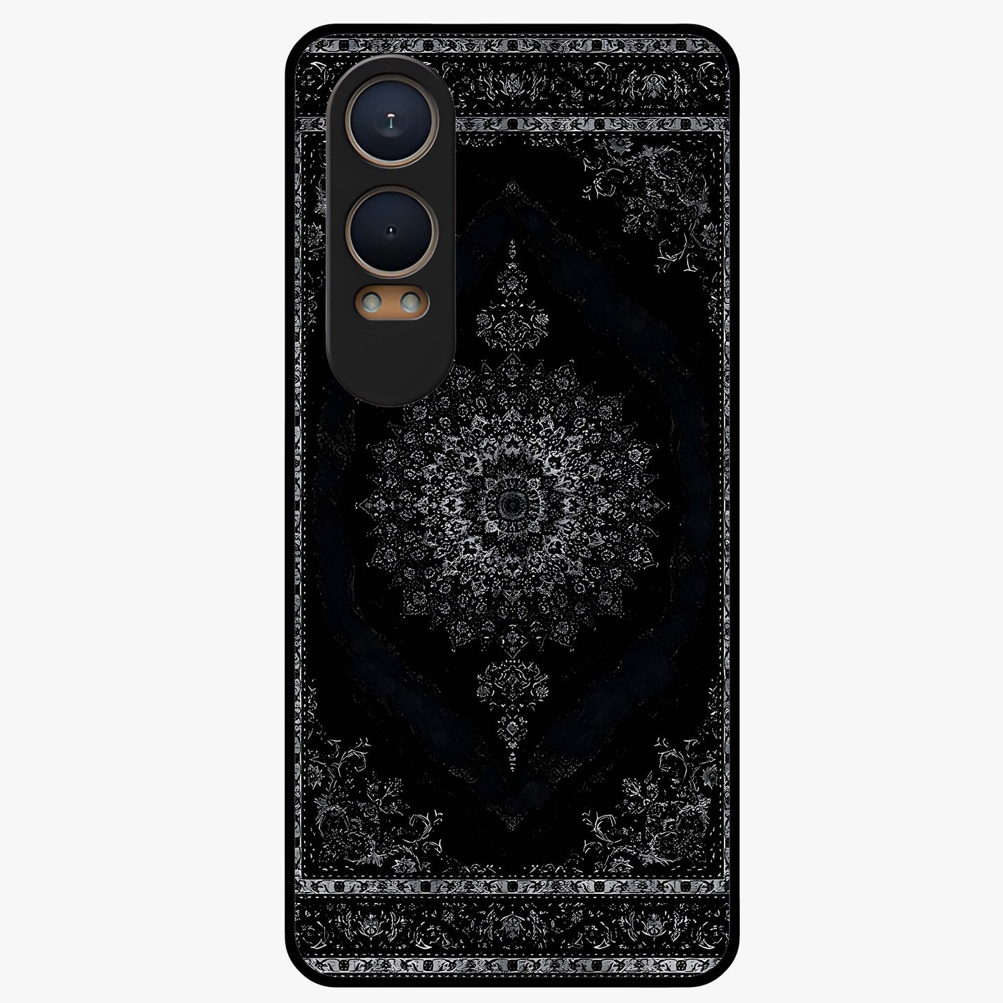 Black Persian Carpet Glass Case for 1+Nord Ce 4 Lite rich front view featuring intricate Persian carpet pattern artwork