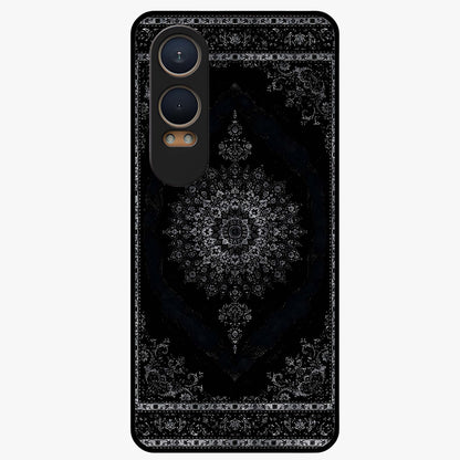 Black Persian Carpet Glass Case for 1+Nord Ce 4 Lite rich front view featuring intricate Persian carpet pattern artwork