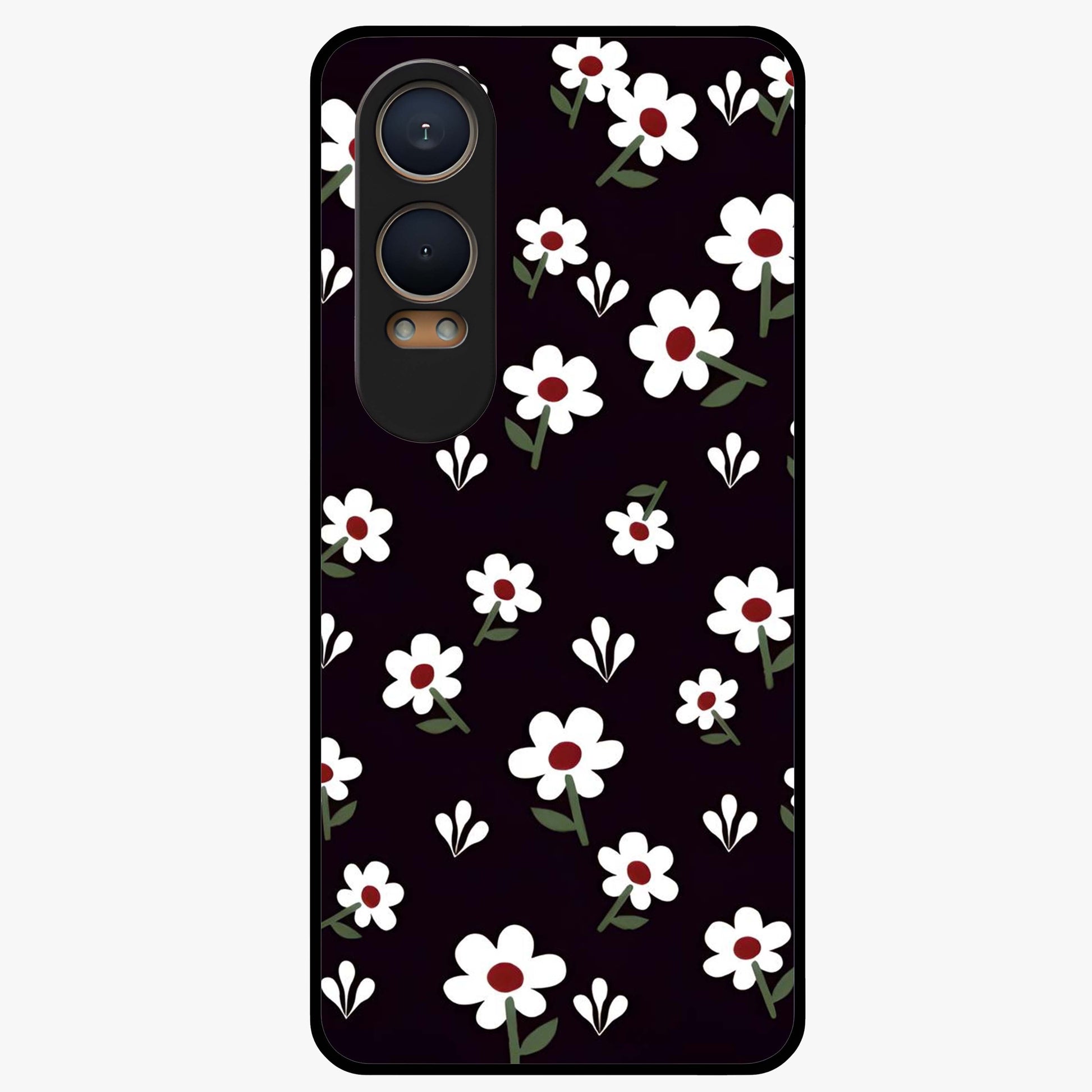 Black Prints Daisy Flower Pattern Glass Case for 1+Nord CE 4 Lite front view featuring white daisy floral artwork on black base