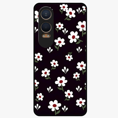 Black Prints Daisy Flower Pattern Glass Case for 1+Nord CE 4 Lite front view featuring white daisy floral artwork on black base