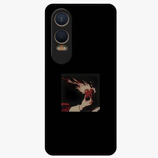 Blazing Heart Faith Glass Case for 1+Nord Ce 4 Lite showing full back design in clean flat view with fiery heart artwork and glossy glass finish.