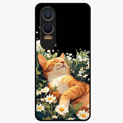 Blissful Bloom Cat Glass Case for 1+Nord CE 4 Lite charming front view featuring floral cat artwork with soft aesthetic tones