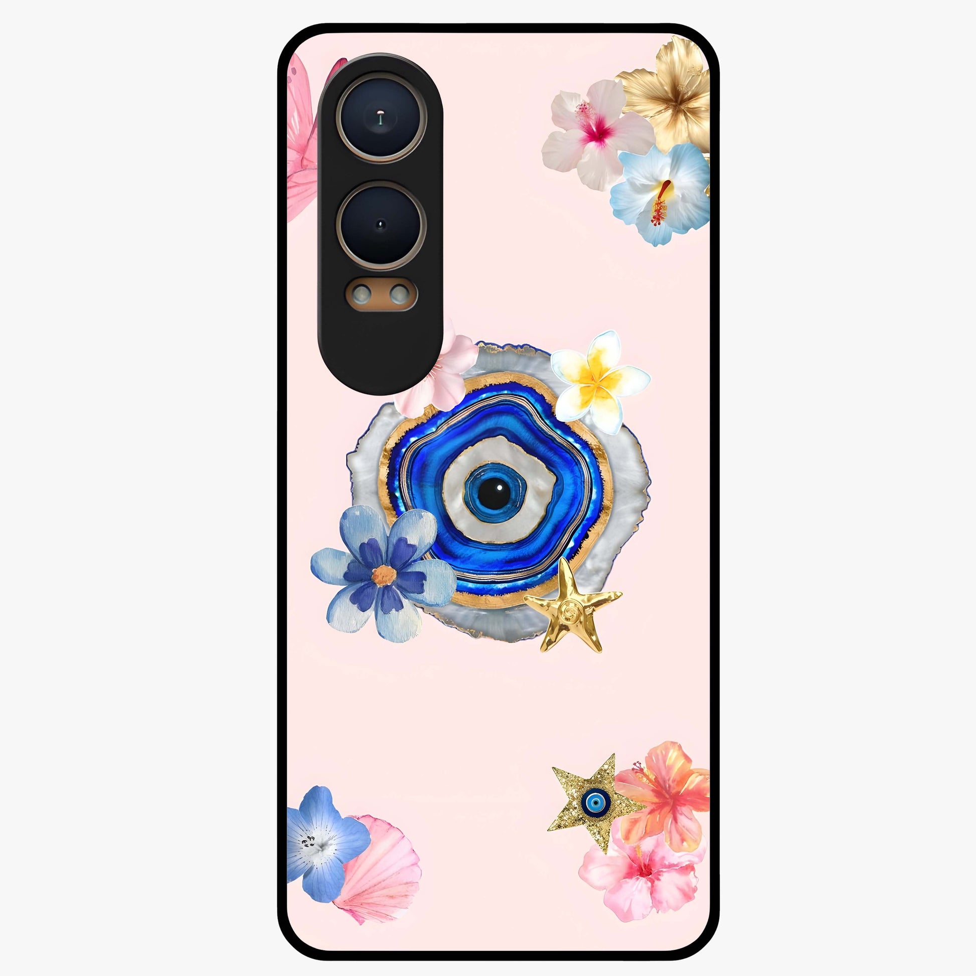 Blossom Evil Charm Glass Case for 1+Nord CE 4 Lite elegant front view featuring floral evil eye inspired artwork