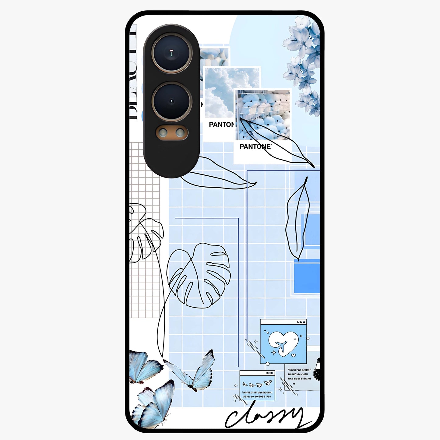 Blue Aesthetic Flower Glass Case for 1+Nord CE 4 Lite elegant front view featuring soft blue floral artwork