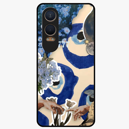 Blue Evil Divine Glass Case for 1+Nord CE 4 Lite bold front view featuring vibrant evil eye artwork with divine aesthetic tones