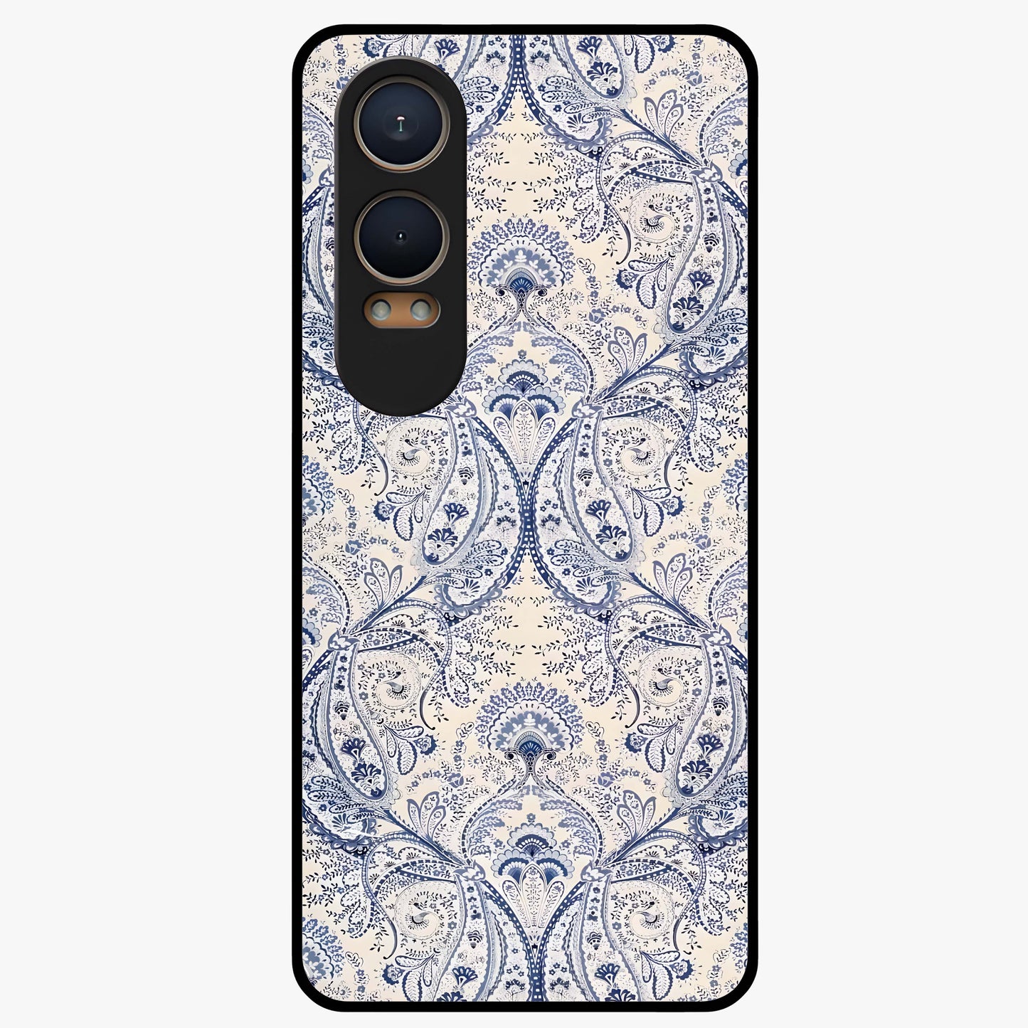 Blue Paisley Bloom Glass Case for 1+Nord CE 4 Lite intricate front view featuring paisley floral artwork in rich blue tones