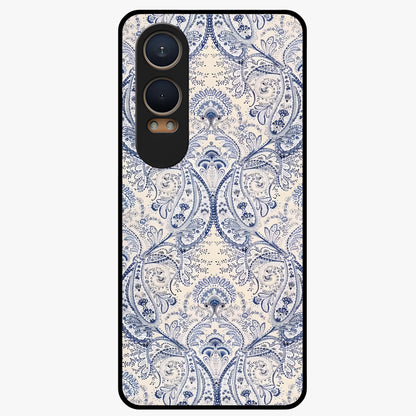 Blue Paisley Bloom Glass Case for 1+Nord CE 4 Lite intricate front view featuring paisley floral artwork in rich blue tones