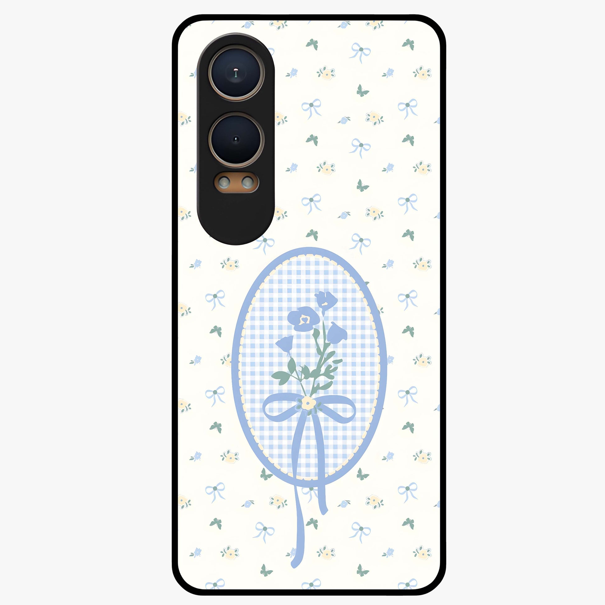 Blue Ribbon Bloom Glass Case for 1+Nord CE 4 Lite elegant front view featuring soft floral artwork with ribbon accents