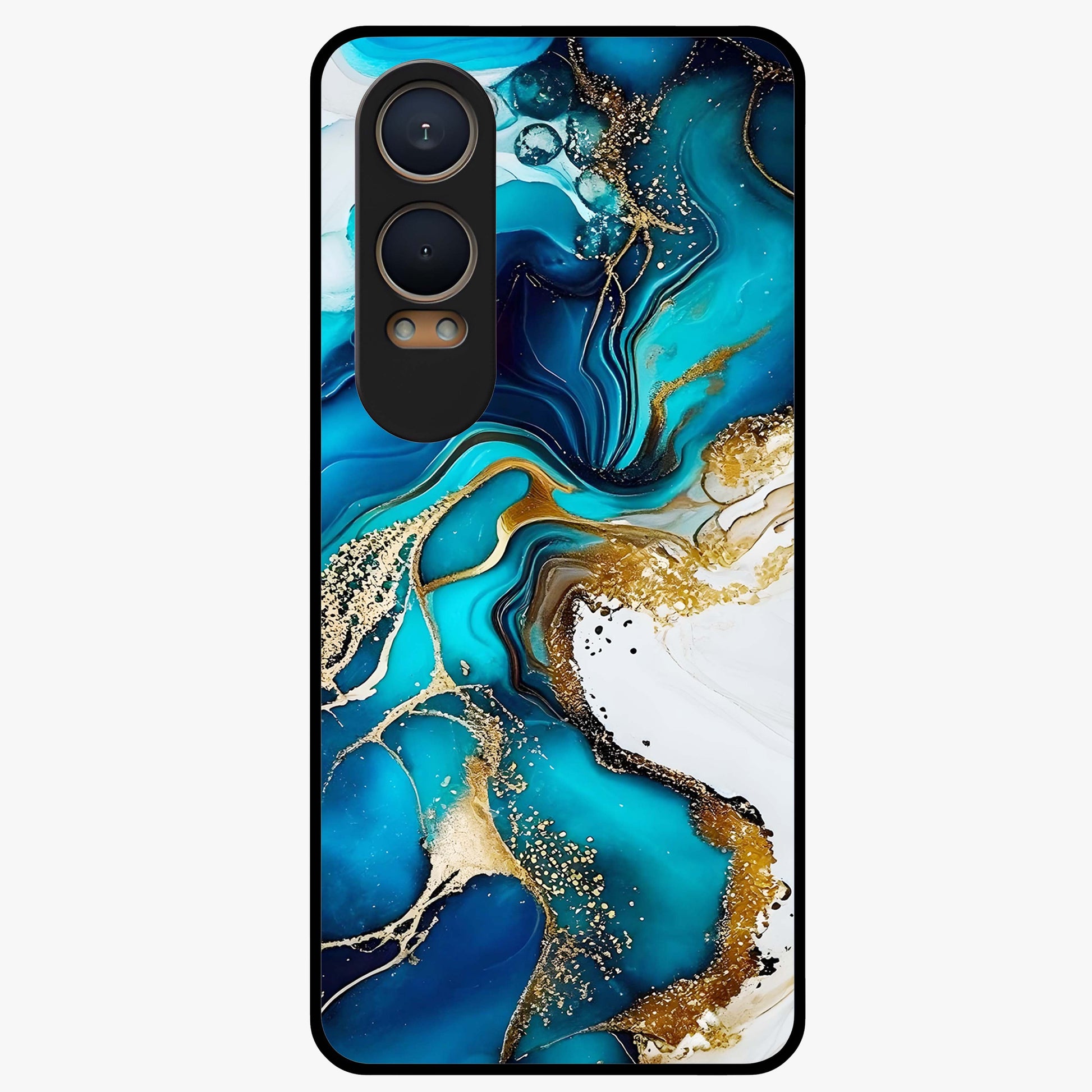 Blue and White Marble With Golden Viens Art Glass Case for 1+Nord Ce 4 Lite luxurious front view featuring marble texture with golden vein detailing