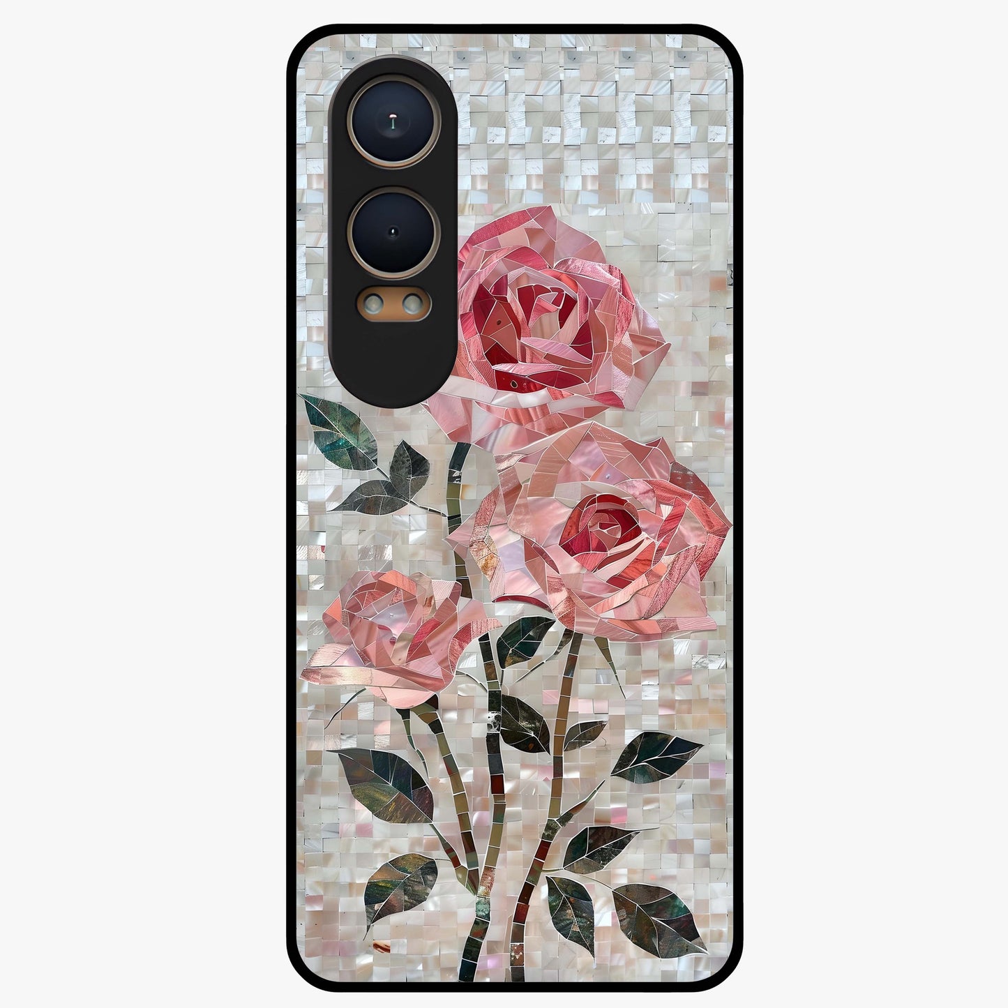 Blush Mosaic Bloom Glass Case for 1+Nord CE 4 Lite artistic front view featuring mosaic style floral artwork
