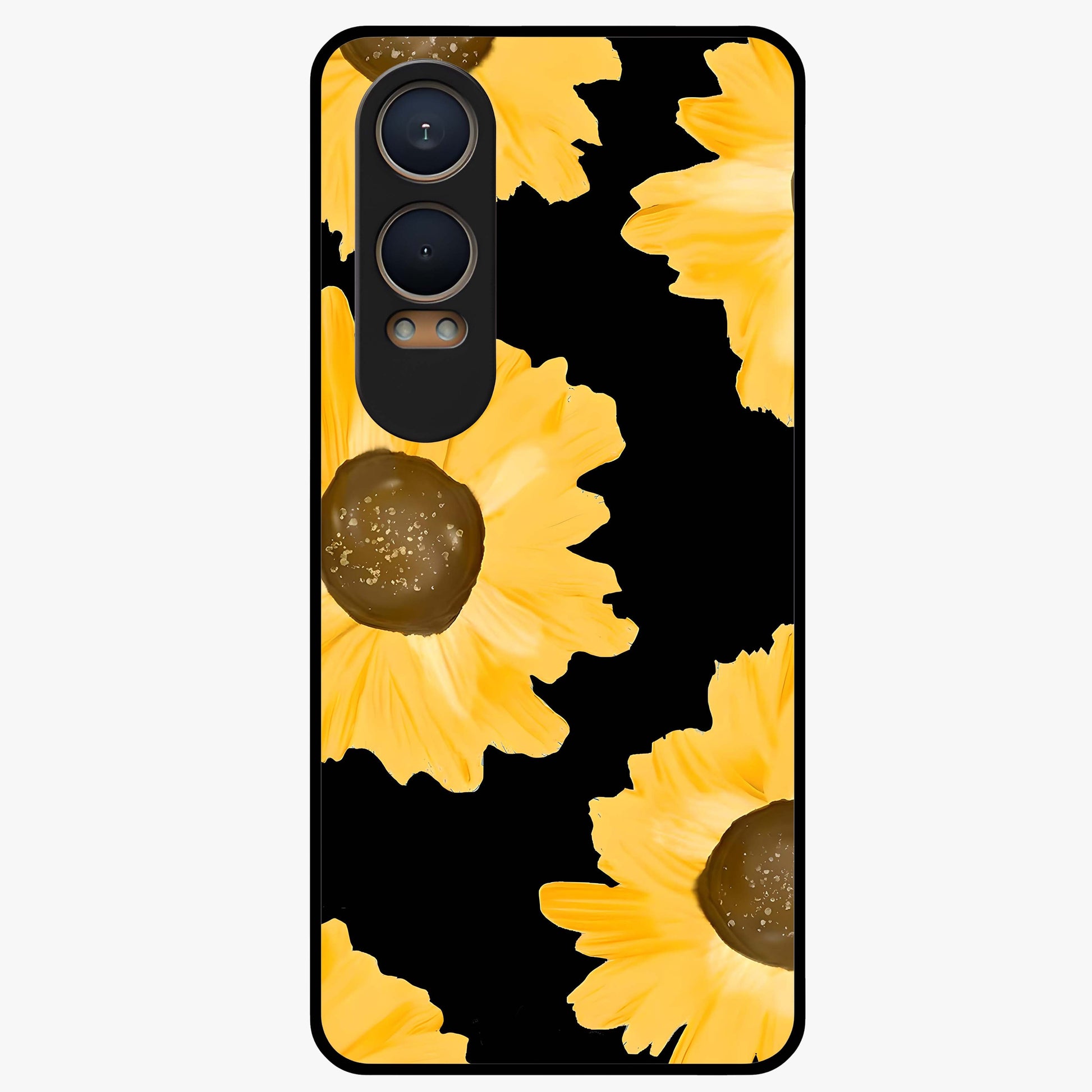 Bold Sunflowers Glow Glass Case for 1+Nord CE 4 Lite vibrant front view featuring radiant sunflower artwork with warm golden tones