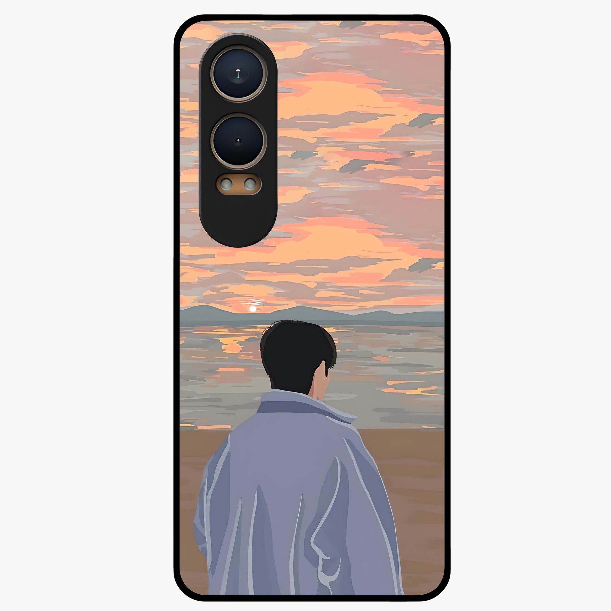 Boy Facing Sunset Beach Glass Case for 1+Nord CE 4 Lite scenic front view featuring silhouette artwork against glowing sunset sky
