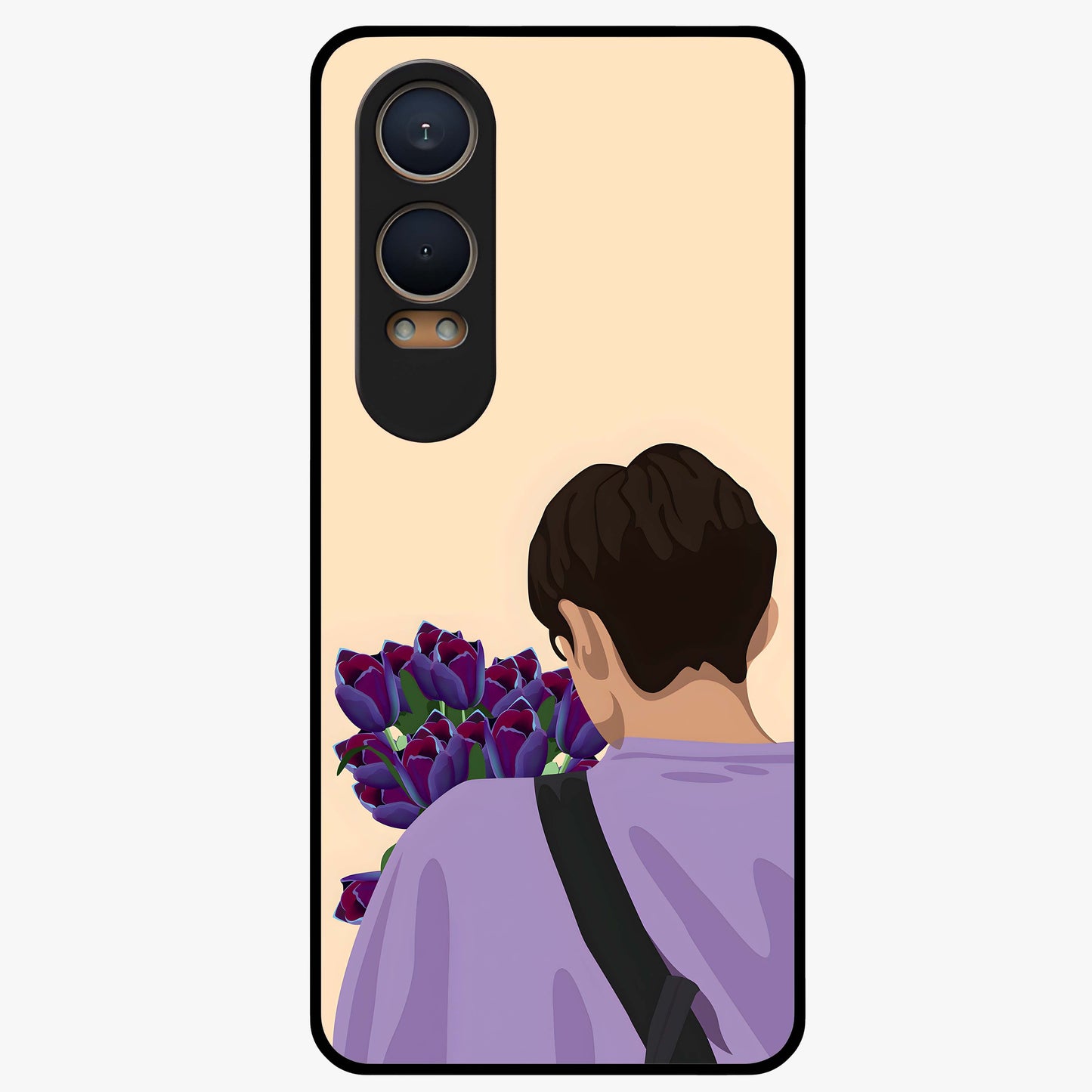 Boy Holding Flowers Glass Case for 1+Nord Ce 4 Lite aesthetic front view featuring soft illustrated character holding floral bouquet
