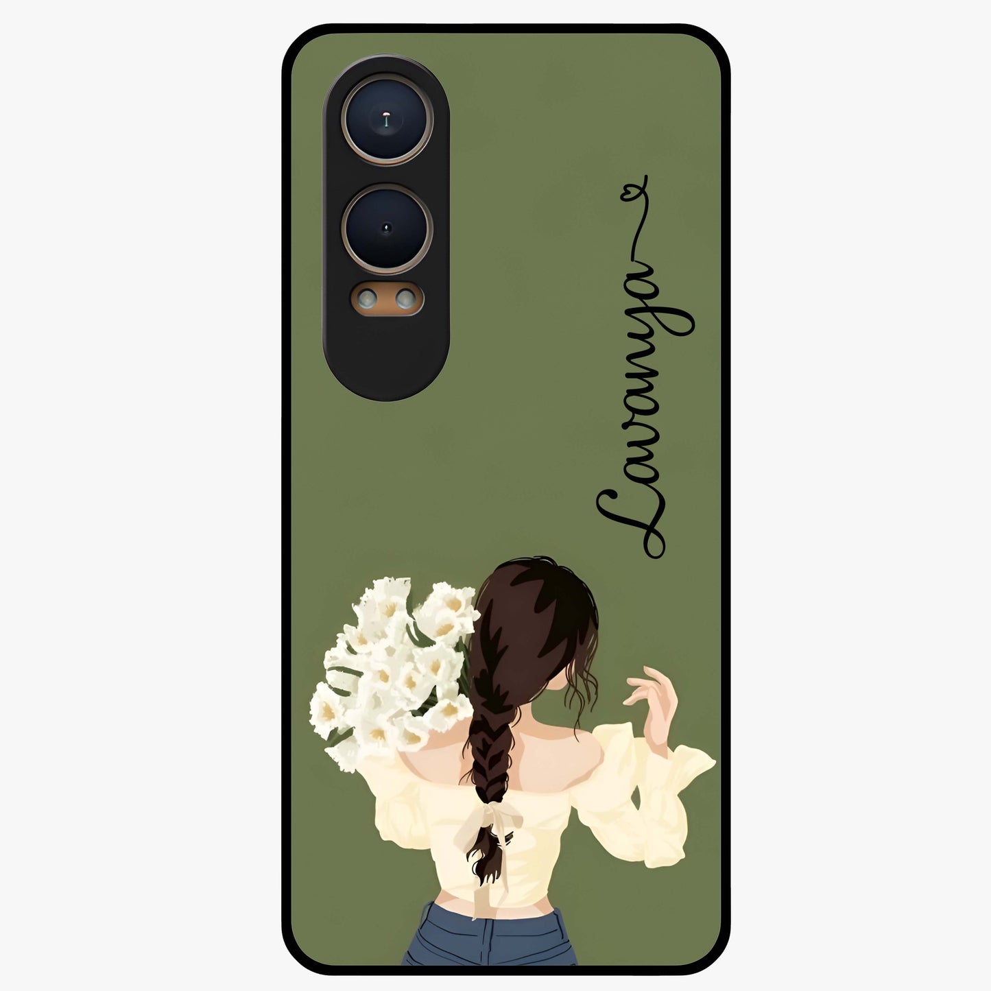 Braided Spring Beauty With Custom Name Glass Case for 1+Nord CE 4 Lite elegant front view featuring braided floral artwork with personalized name design