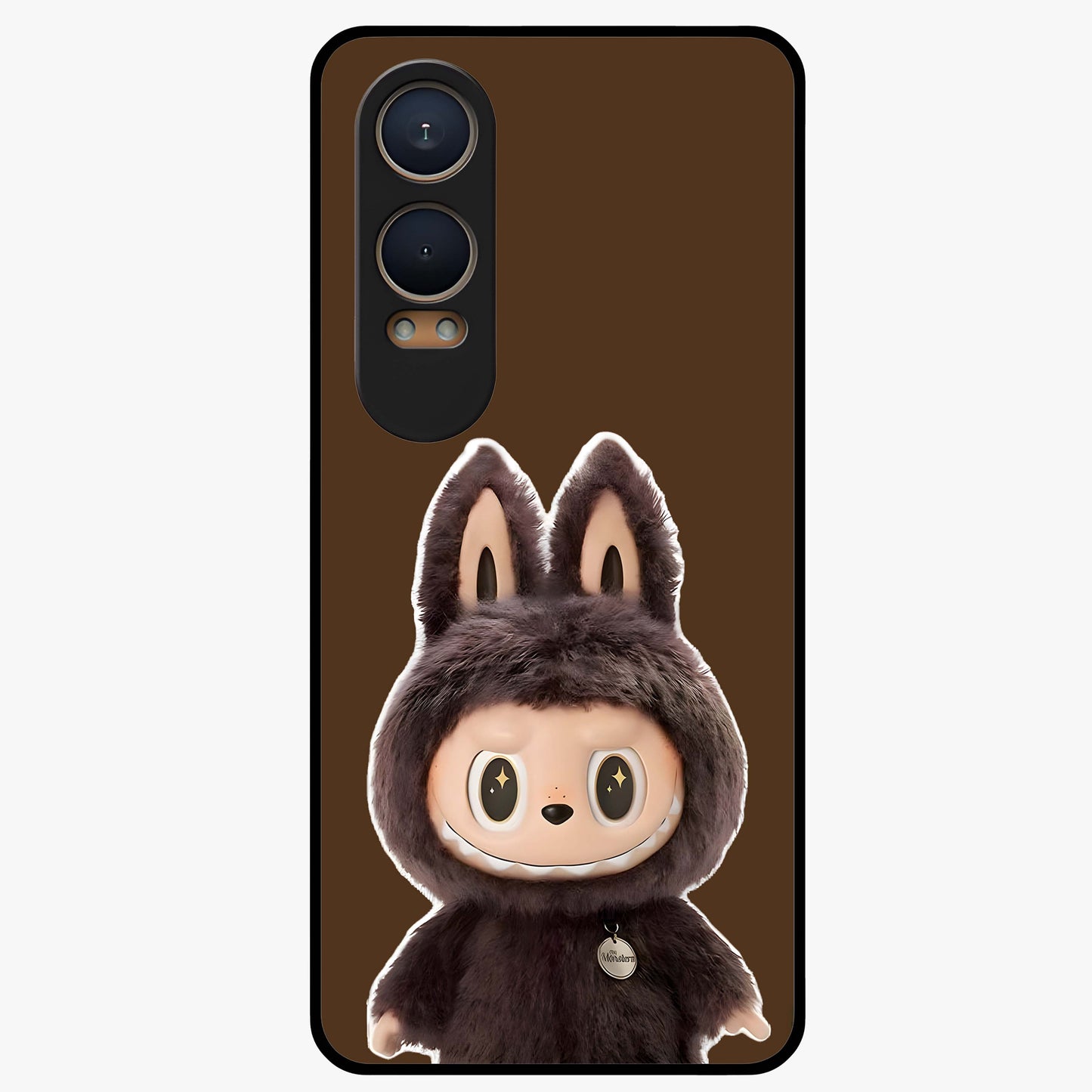 Brown Labubu Design Glass Case for 1+Nord Ce 4 Lite cute front view featuring playful Labubu character artwork in warm brown tones