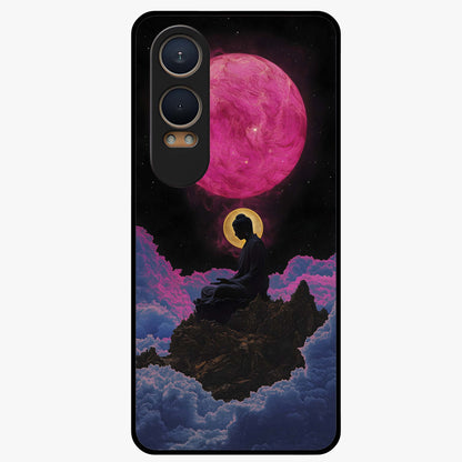 Buddha and Planets Glass Case for 1+Nord CE 4 Lite serene front view featuring Buddha artwork with cosmic planetary background