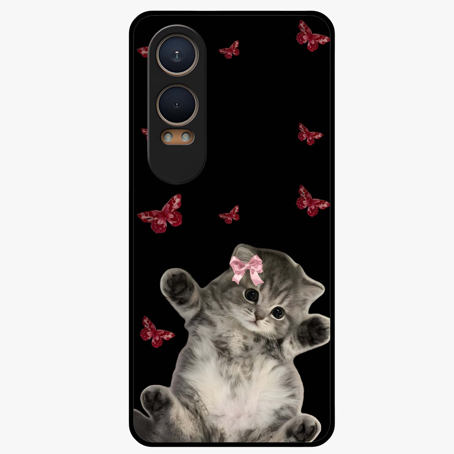 Butterfly Cat Bliss Glass Case for 1+Nord CE 4 Lite charming front view featuring cat and butterfly aesthetic artwork