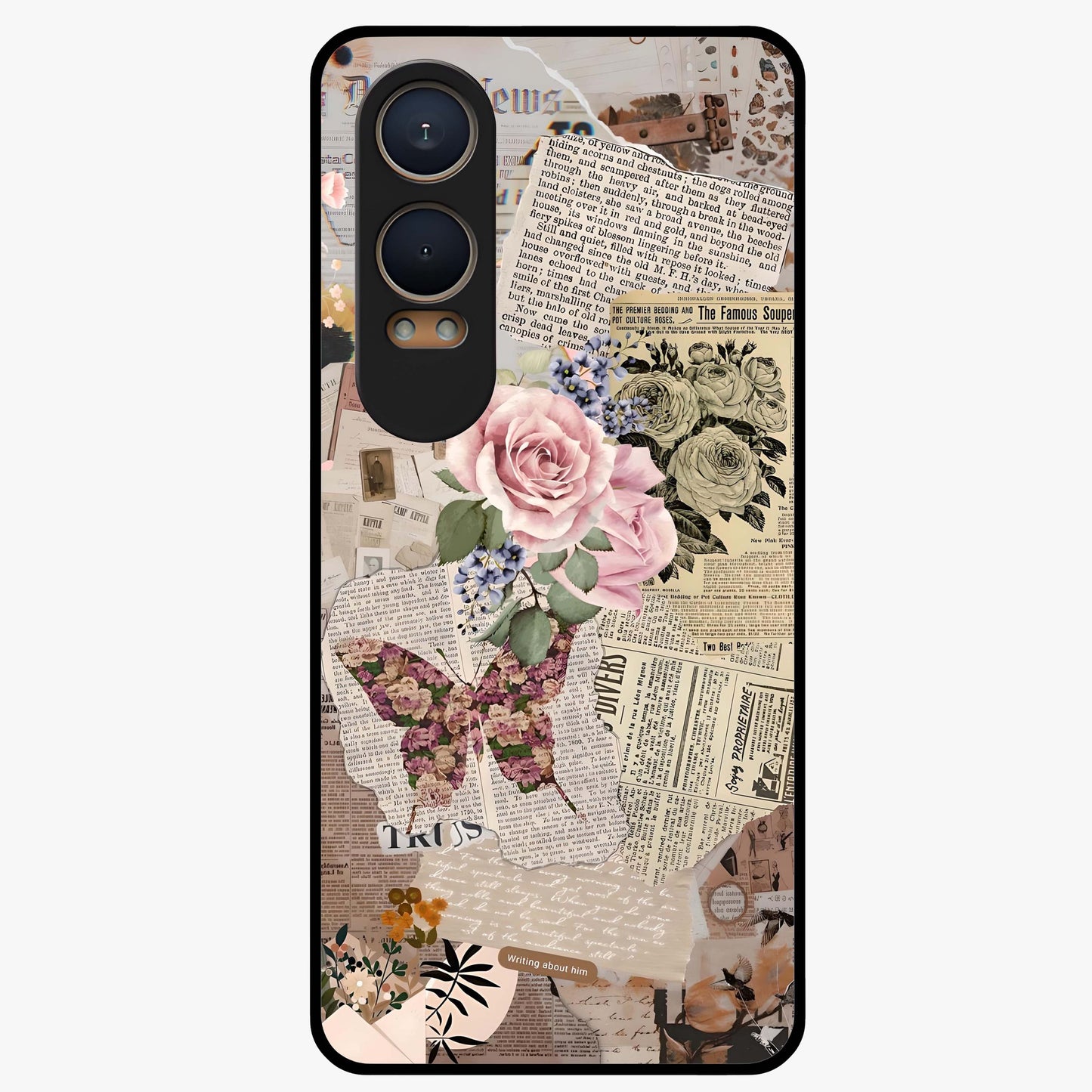 Butterfly News Bloom Glass Case for 1+Nord CE 4 Lite artistic front view featuring blooming floral and butterfly themed artwork