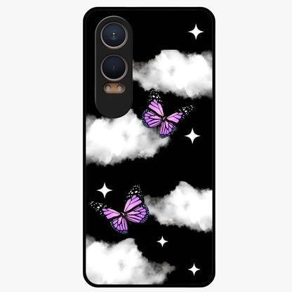 Butterfly Night Drift Glass Case for 1+Nord CE 4 Lite dreamy front view featuring butterfly artwork with dark night inspired tones