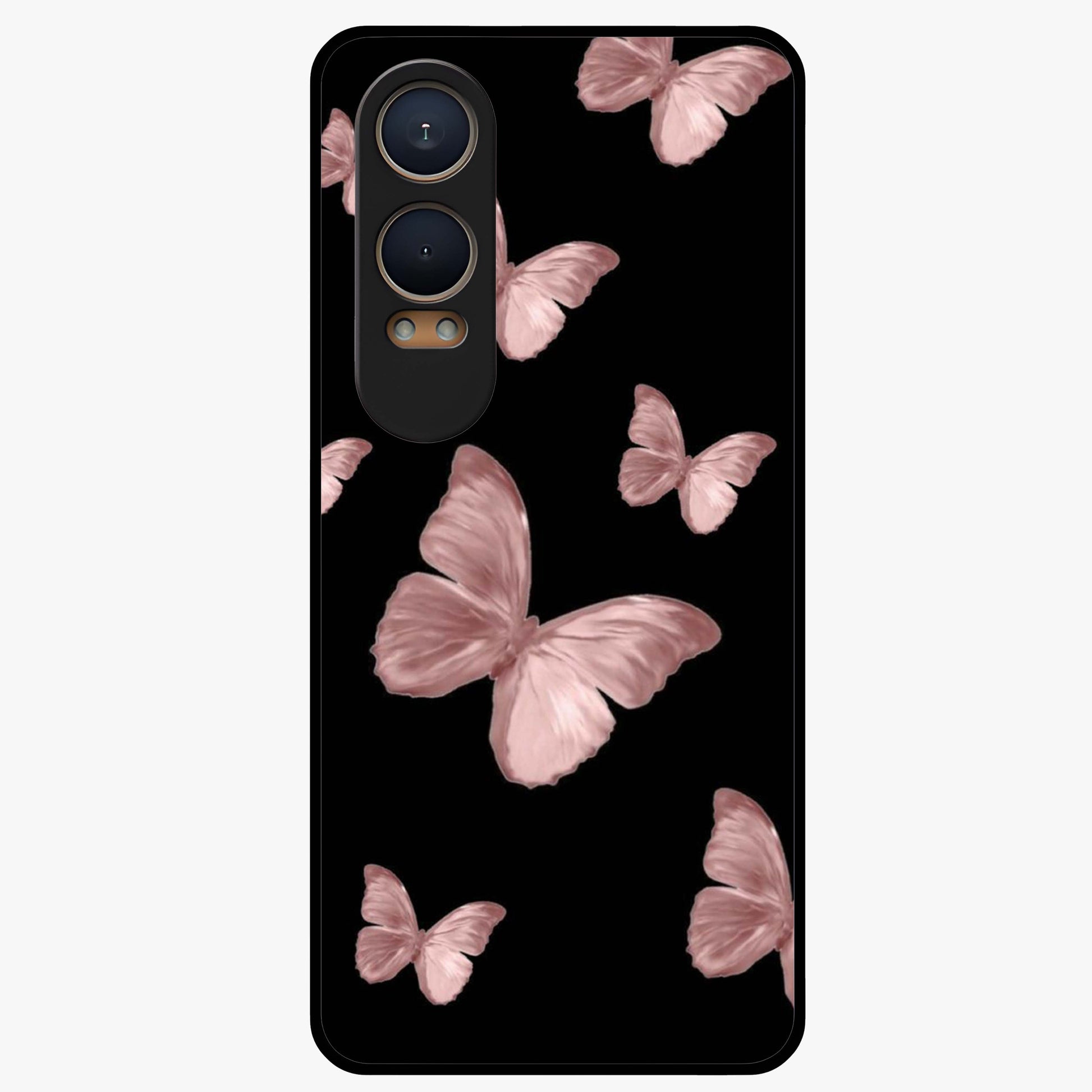 Butterfly Pattern Glass Case for 1+Nord CE 4 Lite elegant front view featuring repeating butterfly artwork with aesthetic detailing