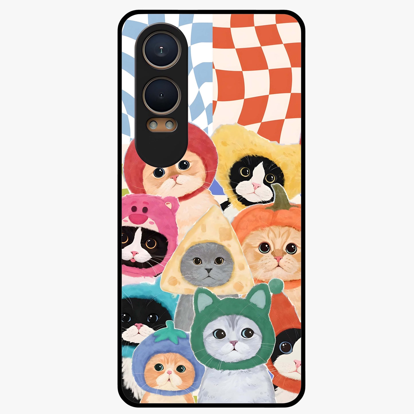 Cats in Fruits Glass Case for 1+Nord CE 4 Lite playful front view featuring cute cat illustrations with vibrant fruit artwork