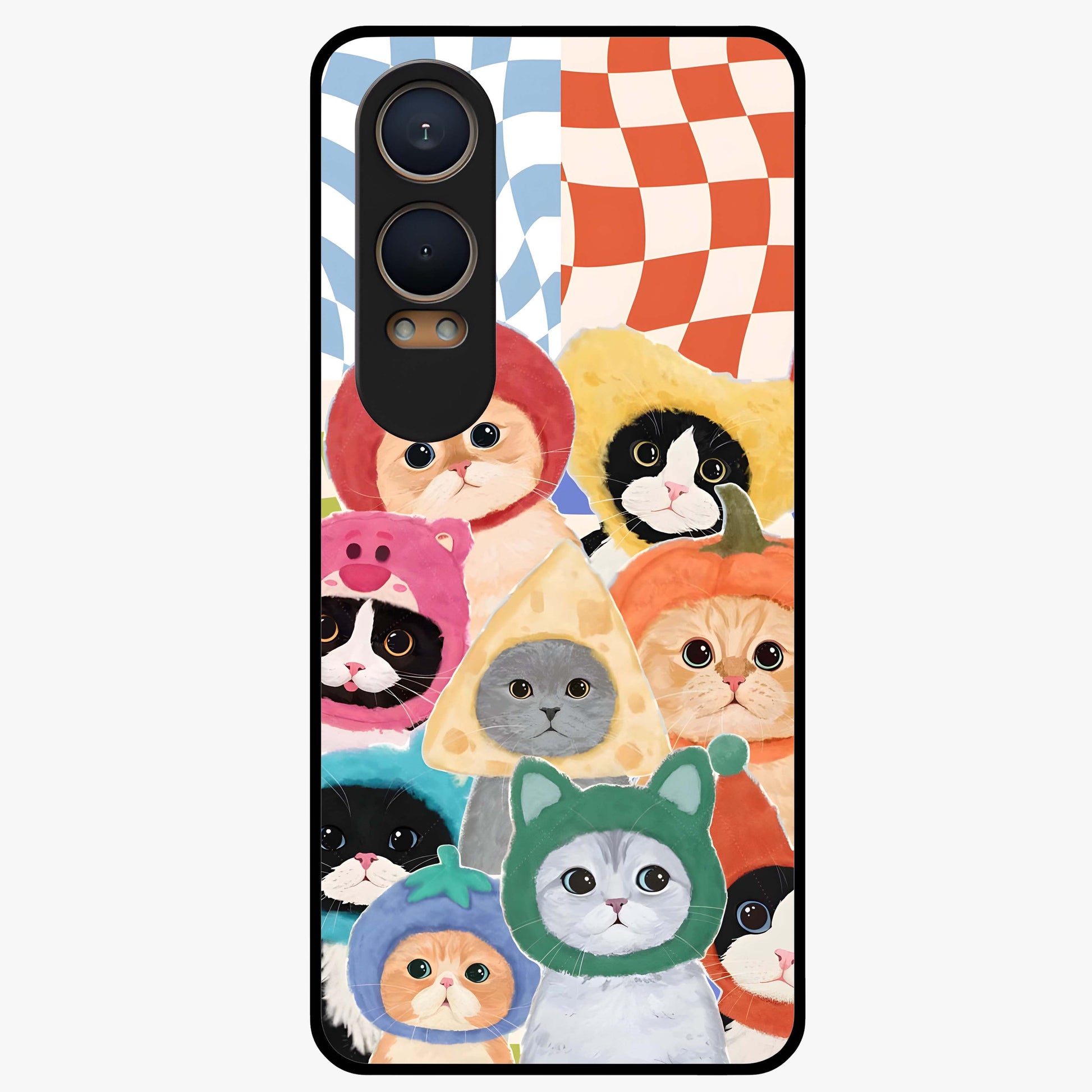 Cats in Fruits Glass Case for 1+Nord CE 4 Lite playful front view featuring cute cat illustrations with vibrant fruit artwork