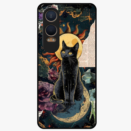 Celestial Black Cat Glass Case for 1+Nord Ce 4 Lite mystical front view featuring black cat artwork with cosmic background
