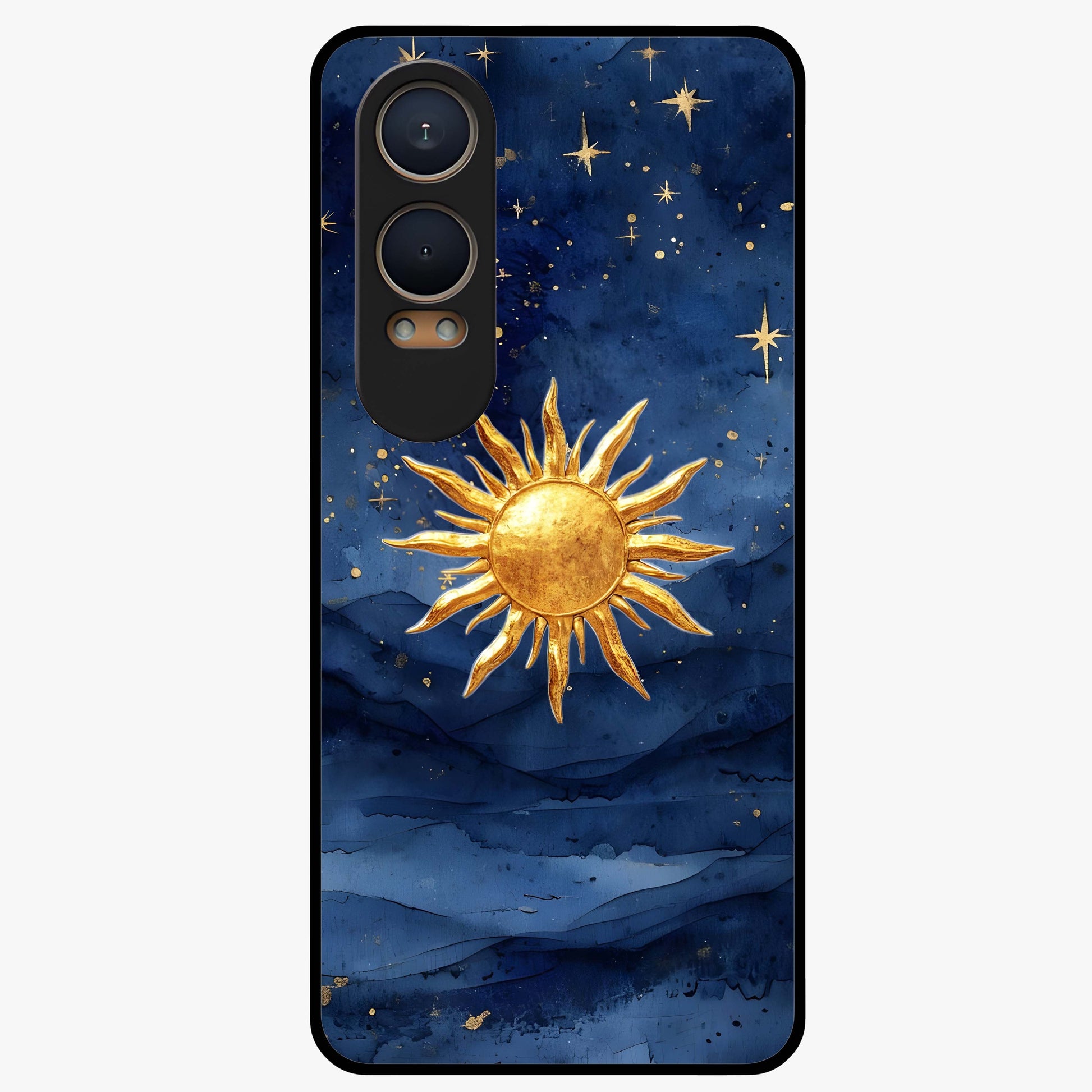 Celestial Blue Glow Glass Case for 1+Nord CE 4 Lite radiant front view featuring glowing blue cosmic artwork