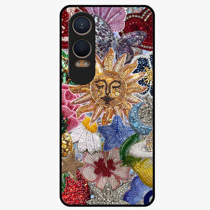 Celestial Floral and Playful Glass Case for 1+Nord CE 4 Lite vibrant front view featuring floral artwork blended with cosmic elements