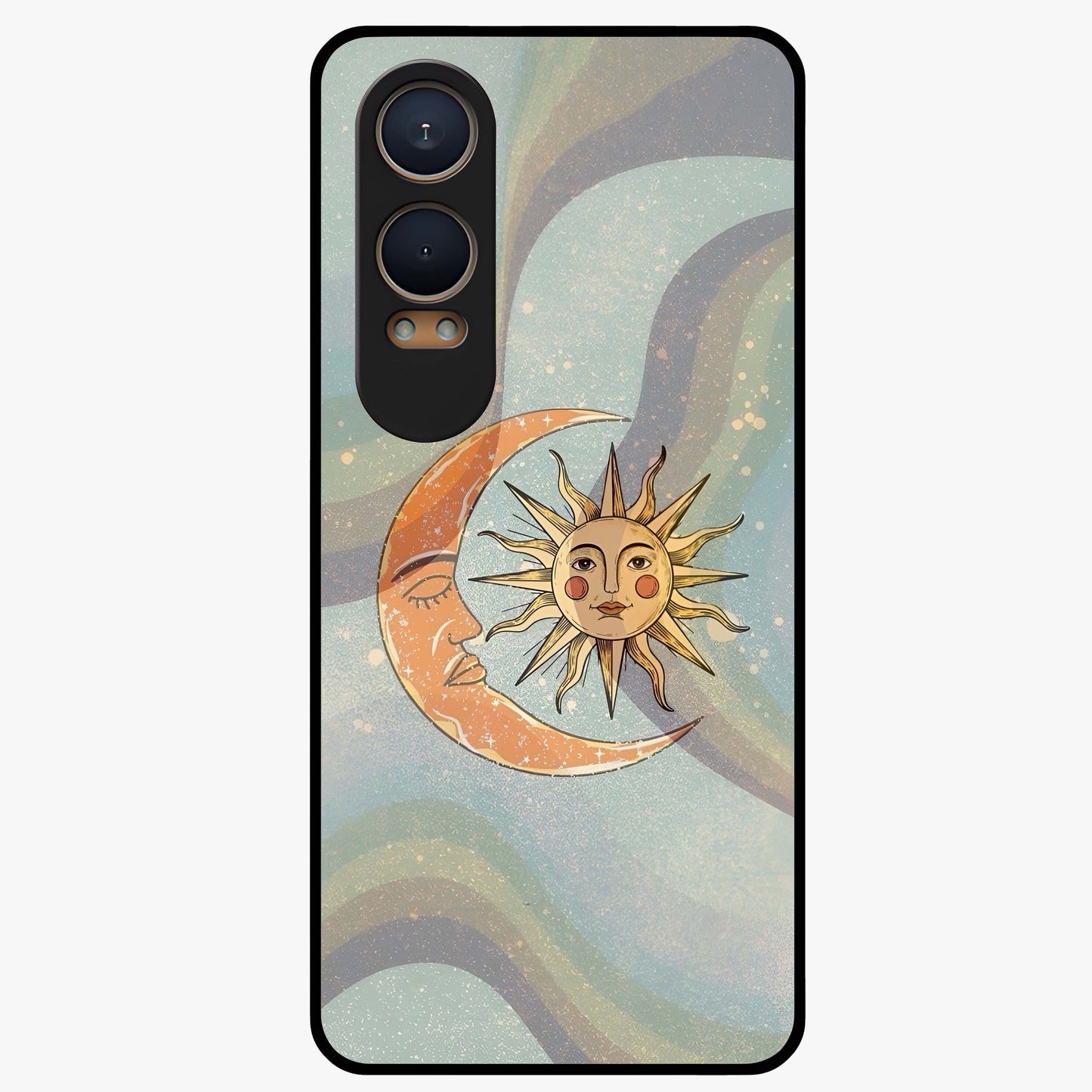 Celestial Harmony Vibes Glass Case for 1+Nord CE 4 Lite serene front view featuring balanced cosmic artwork with calming tones