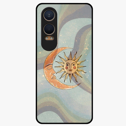 Celestial Harmony Vibes Glass Case for 1+Nord CE 4 Lite serene front view featuring balanced cosmic artwork with calming tones