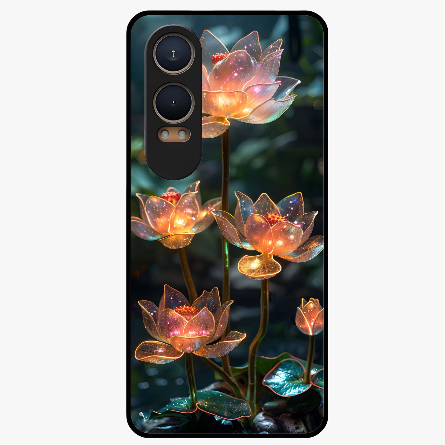 Celestial Lotus Light Glass Case for 1+Nord CE 4 Lite peaceful front view featuring glowing lotus artwork with cosmic backdrop