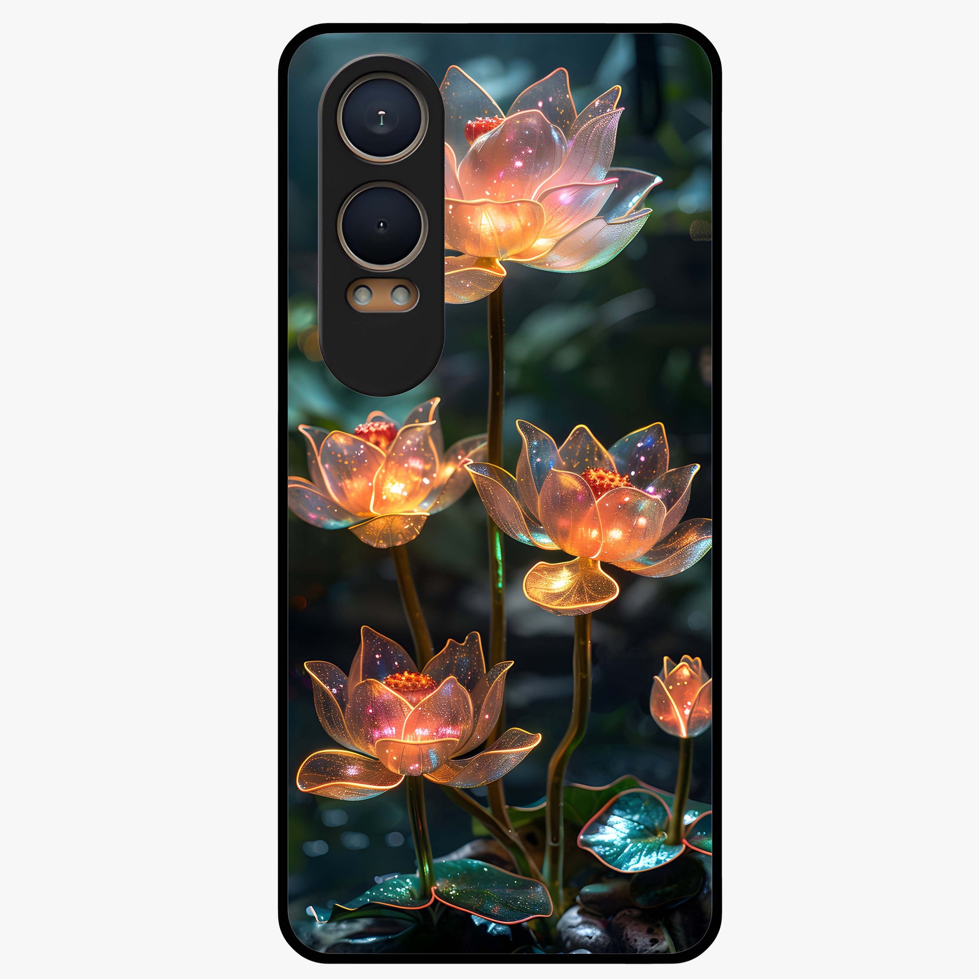 Celestial Lotus Light Glass Case for 1+Nord CE 4 Lite peaceful front view featuring glowing lotus artwork with cosmic backdrop