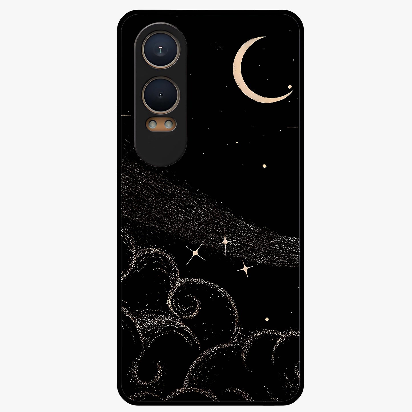 Celestial Midnight Veil Glass Case for 1+Nord CE 4 Lite dramatic front view featuring deep midnight sky artwork