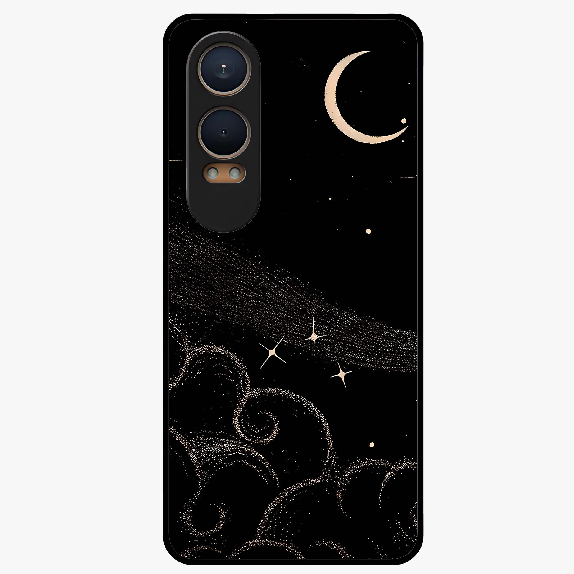 Celestial Midnight Veil Glass Case for 1+Nord CE 4 Lite dramatic front view featuring deep midnight sky artwork