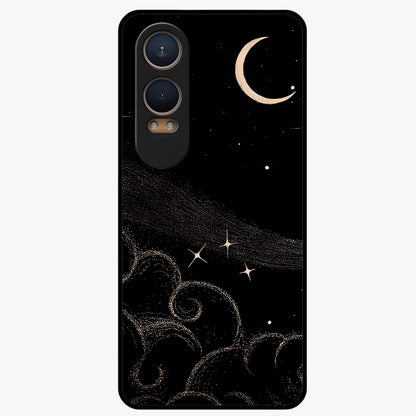 Celestial Midnight Veil Glass Case for 1+Nord CE 4 Lite dramatic front view featuring deep midnight sky artwork
