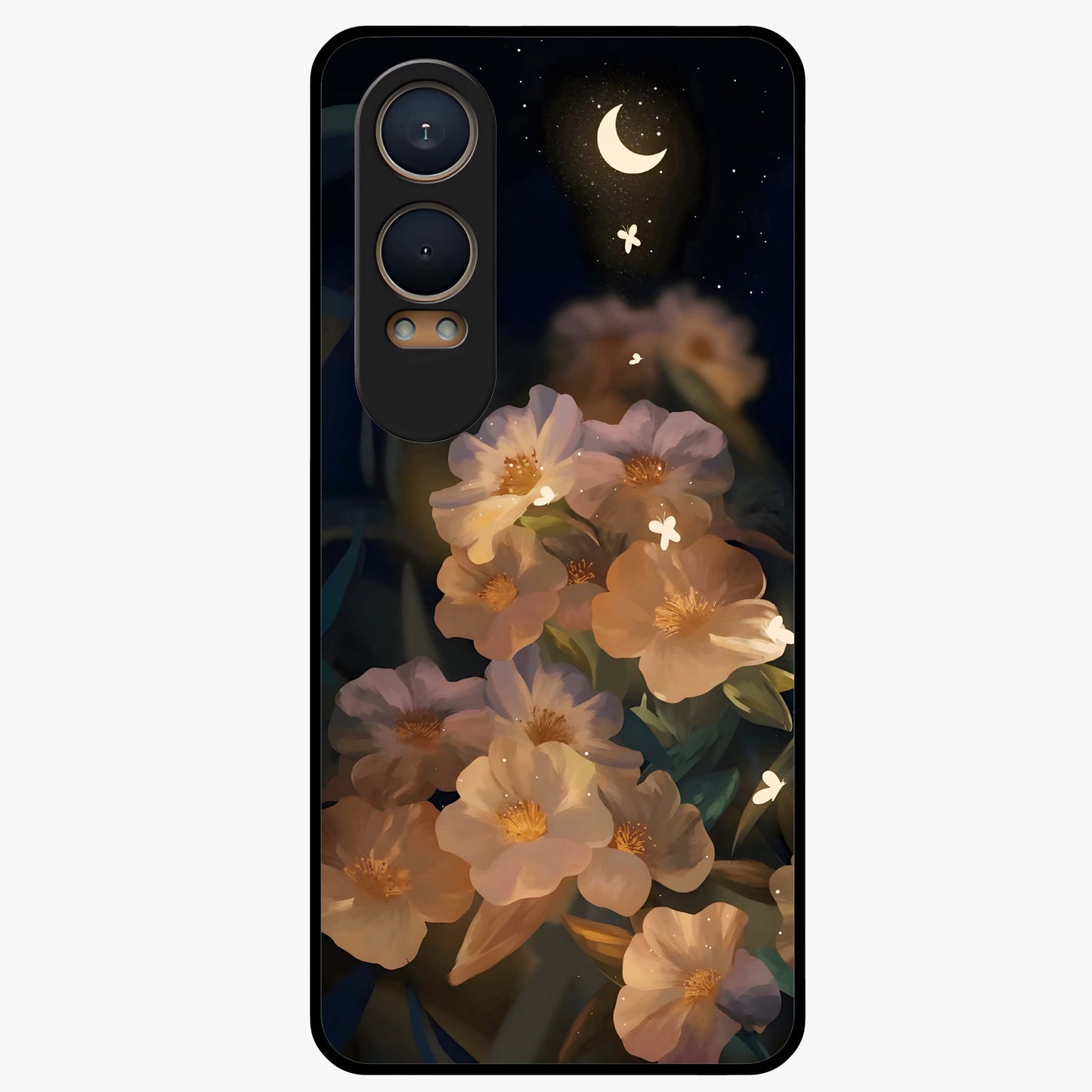 Celestial Petal Night Glass Case for 1+Nord CE 4 Lite elegant front view featuring floral petals against dark night sky tones