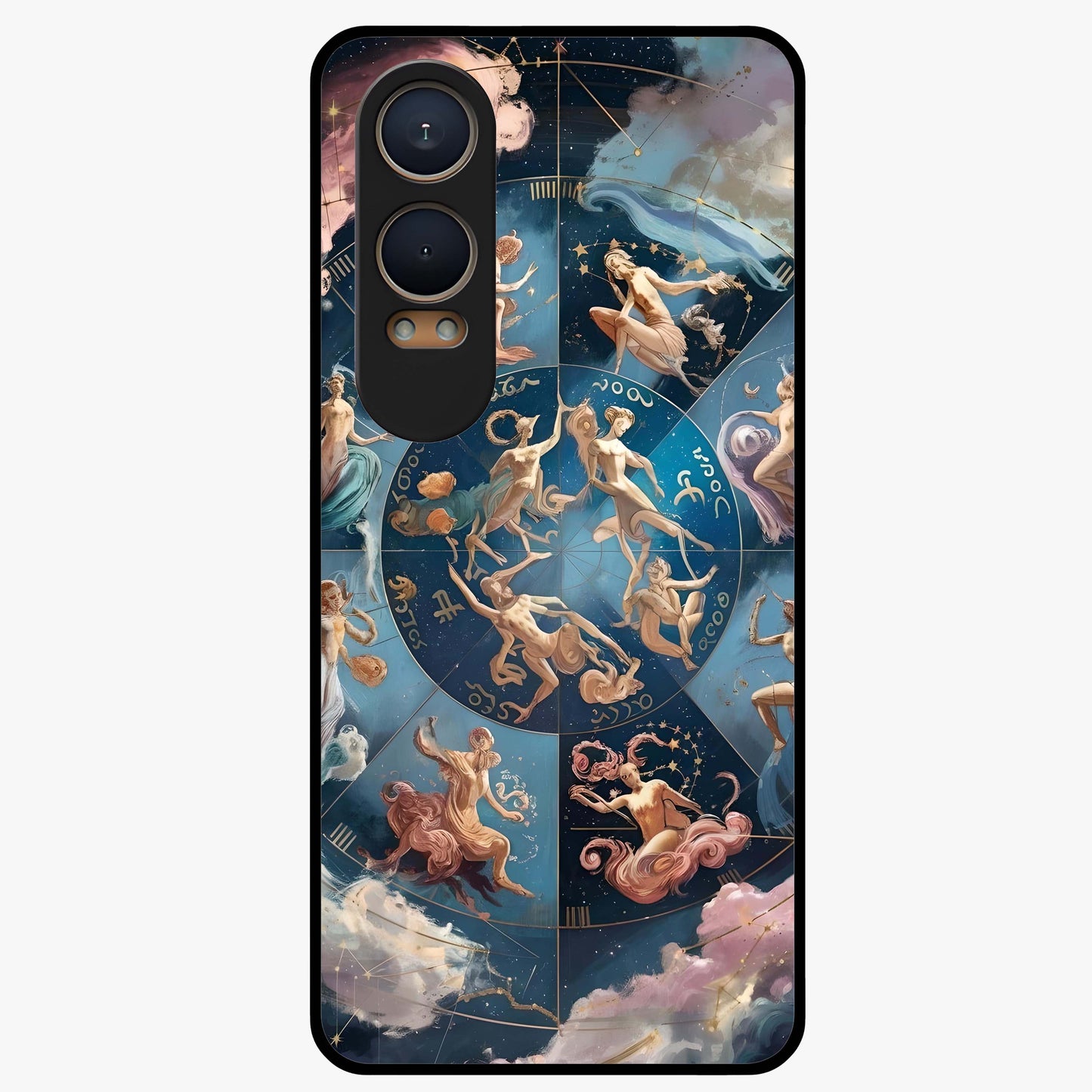 Celestial Signs Dance Glass Case for 1+Nord CE 4 Lite artistic front view featuring zodiac inspired celestial symbol artwork