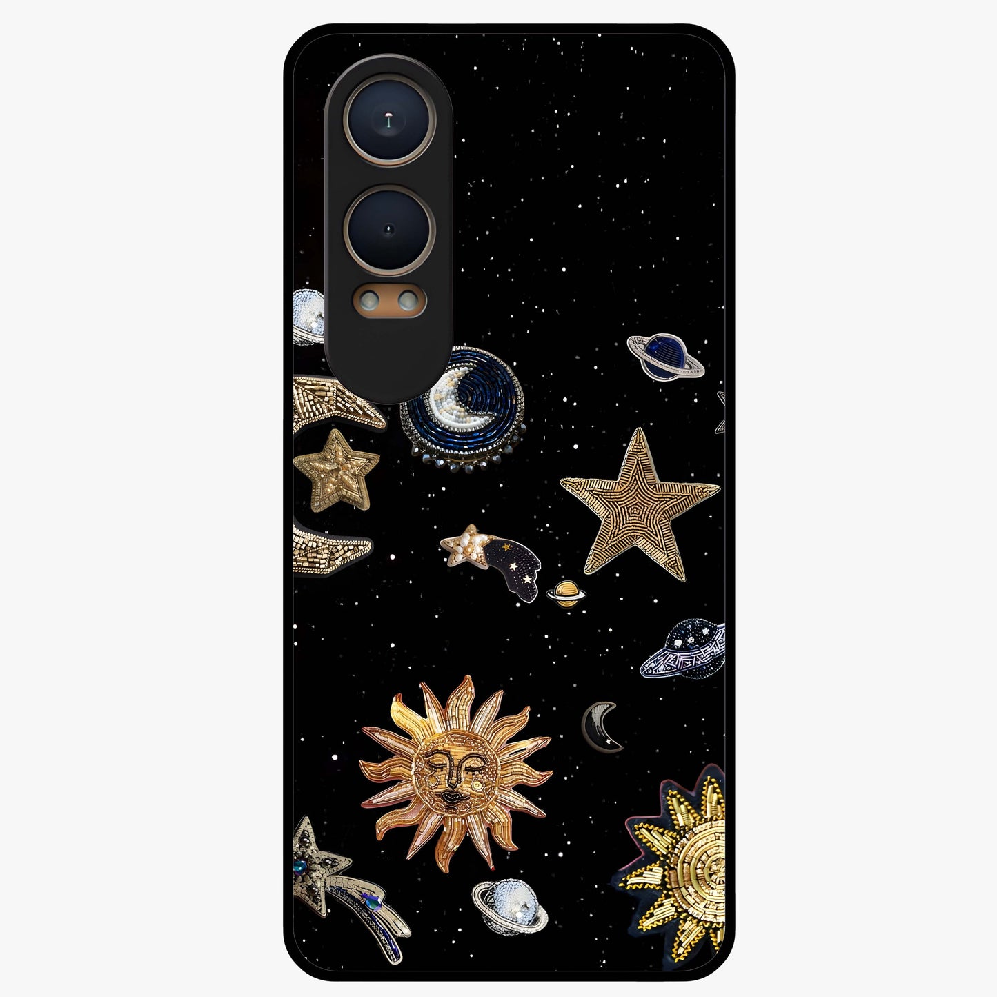 Celestial Star Charm Glass Case for 1+Nord CE 4 Lite radiant front view featuring star inspired cosmic artwork