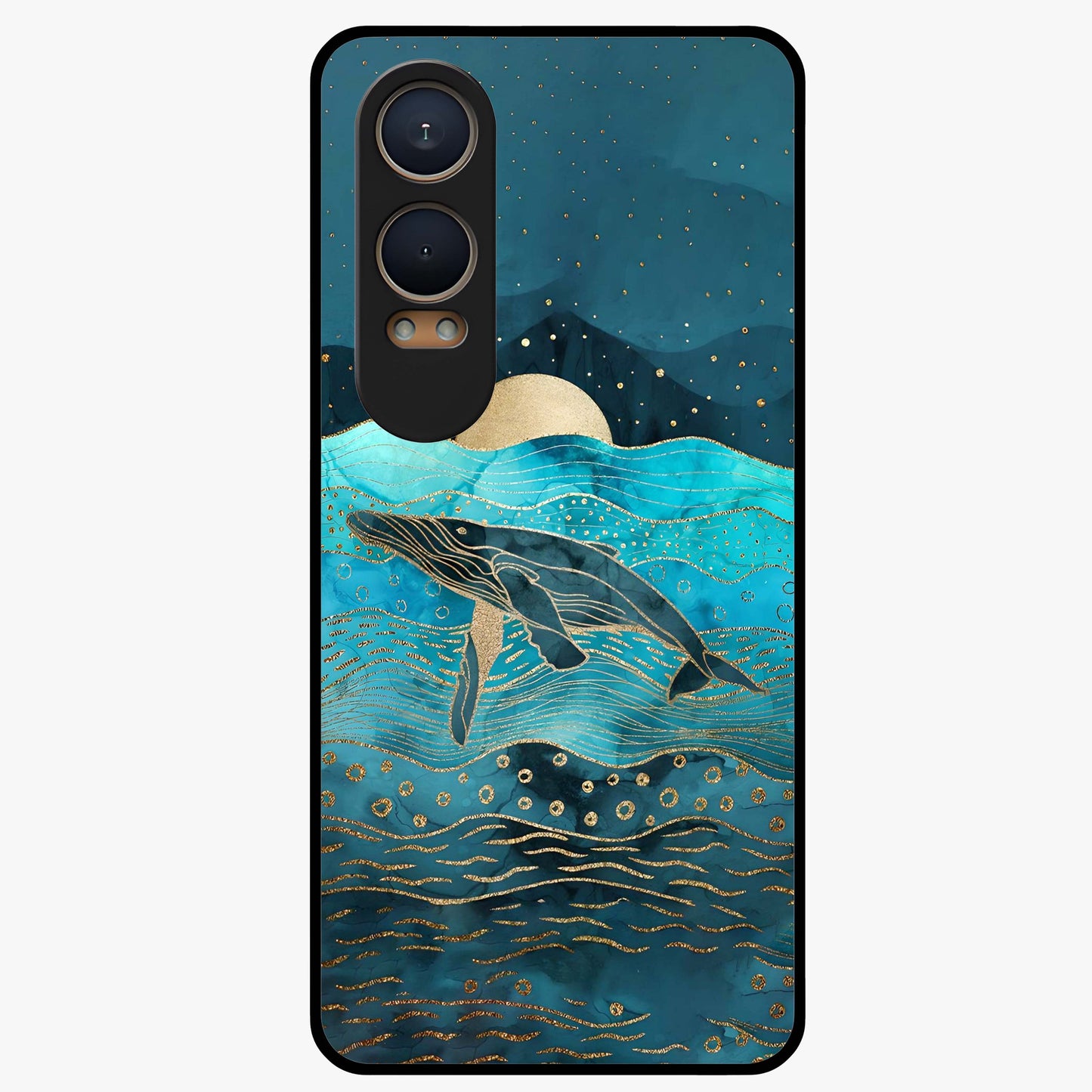Celestial Whale Voyage Glass Case for 1+Nord CE 4 Lite dreamy front view featuring whale artwork against cosmic sky backdrop