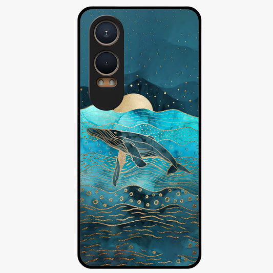 Celestial Whale Voyage Glass Case for 1+Nord Ce 4 Lite dreamy front view featuring whale artwork against cosmic sky backdrop