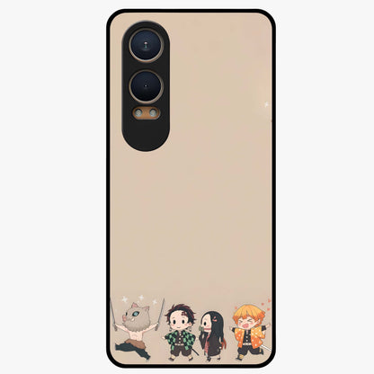 Chibi Demon Squad Glass Case for 1+Nord CE 4 Lite playful front view featuring chibi style character artwork