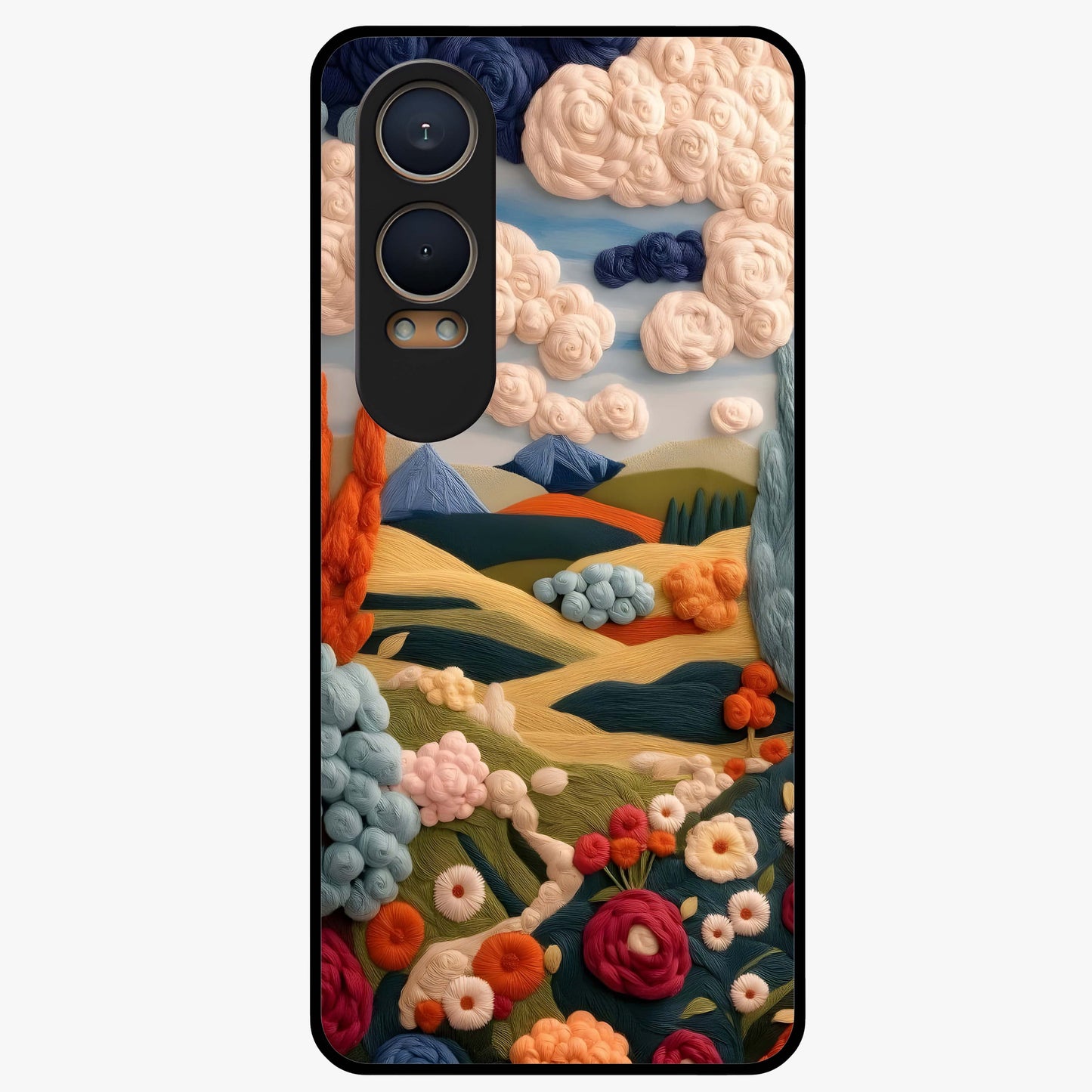 Cloud Cotton Meadows Printed Glass Case for 1+Nord CE 4 Lite soft front view featuring dreamy meadow artwork with cloud inspired tones
