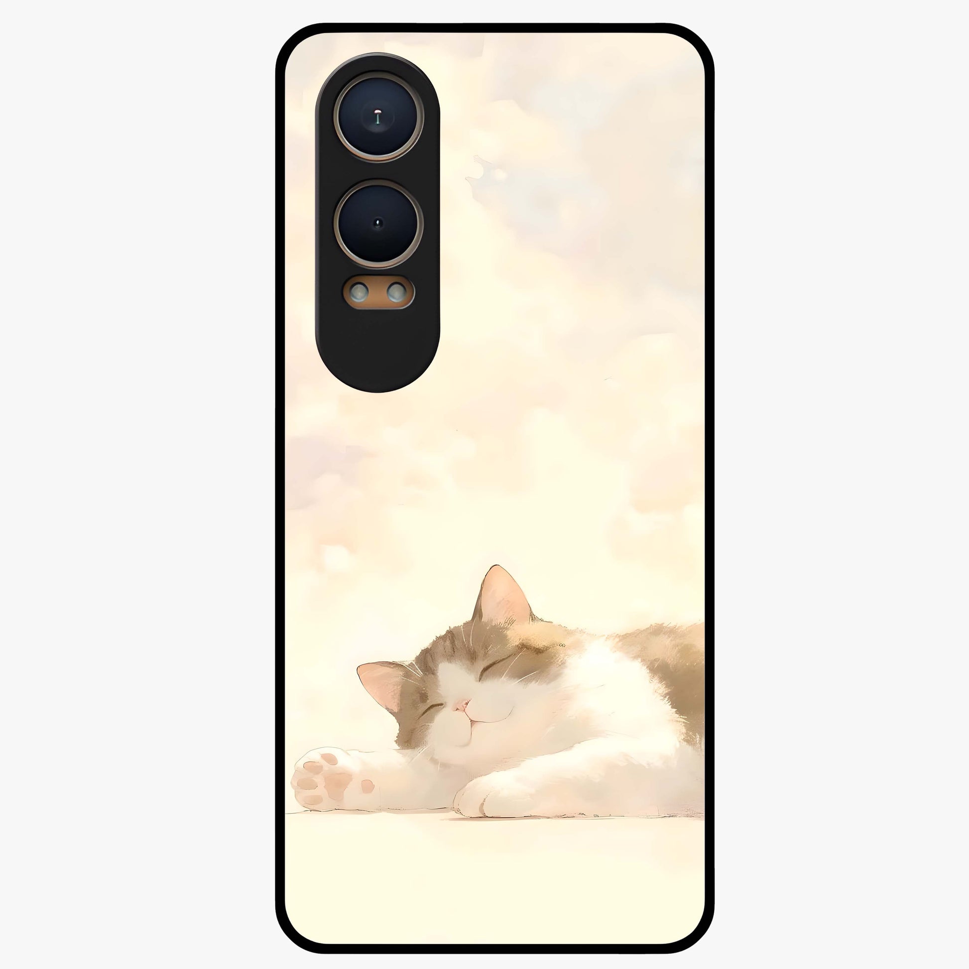 Cloud Nap Cat Glass Case for 1+Nord CE 4 Lite adorable front view featuring cute sleeping cat artwork on soft cloud background
