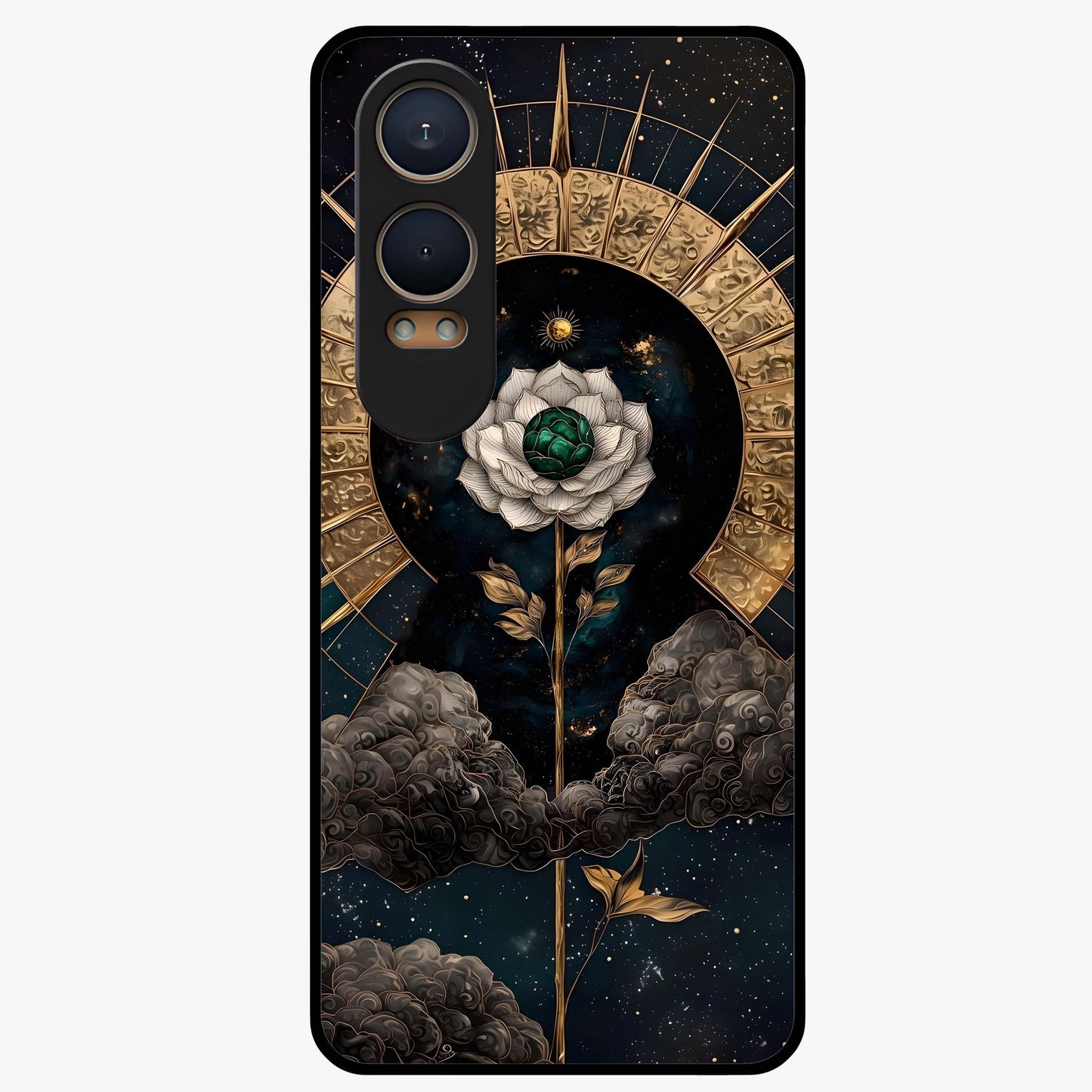 Cosmic Bloom Rose Glass Case for 1+Nord CE 4 Lite elegant front view featuring rose artwork blended with cosmic background