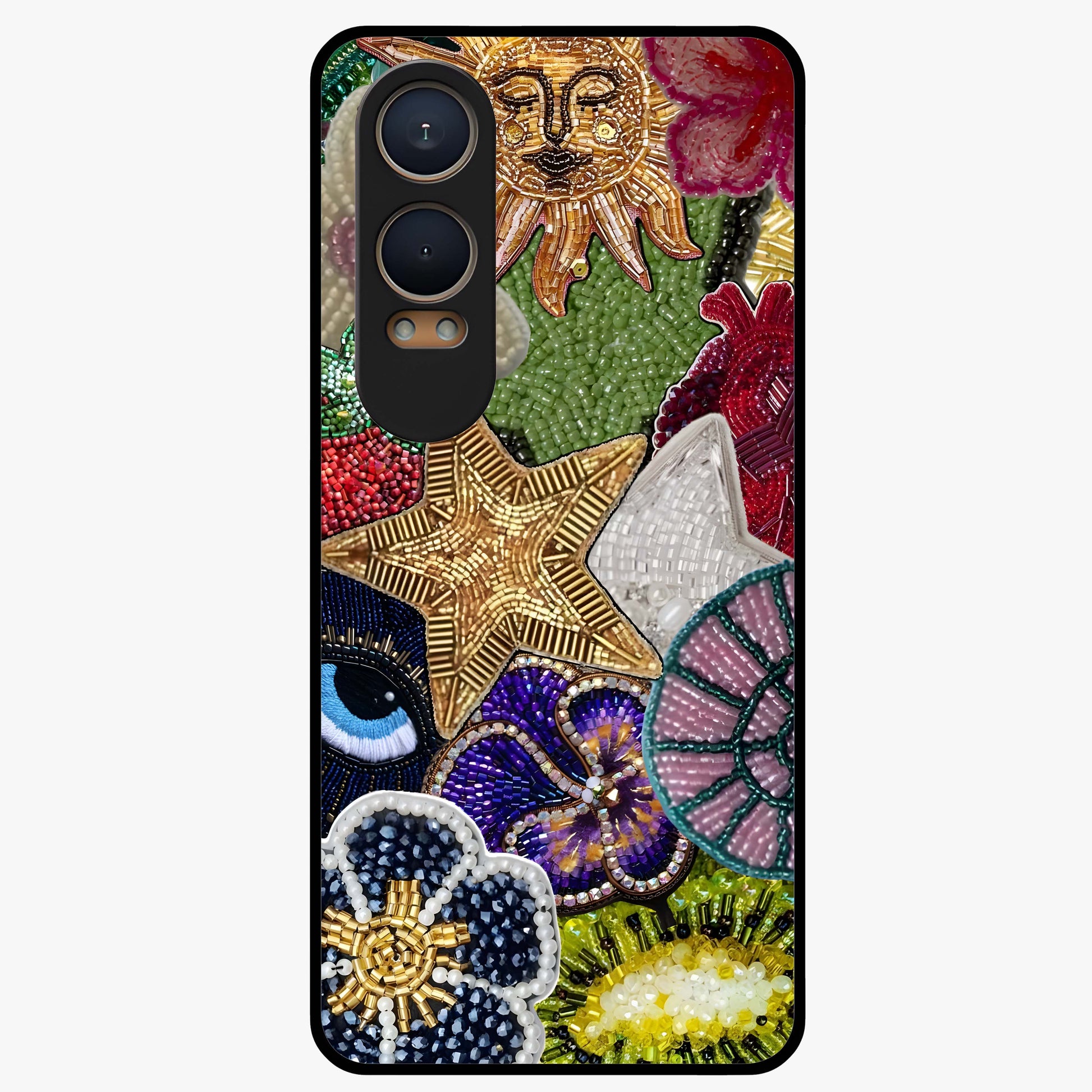 Cosmic Charm Shine Glass Case for 1+Nord CE 4 Lite radiant front view featuring shimmering celestial artwork