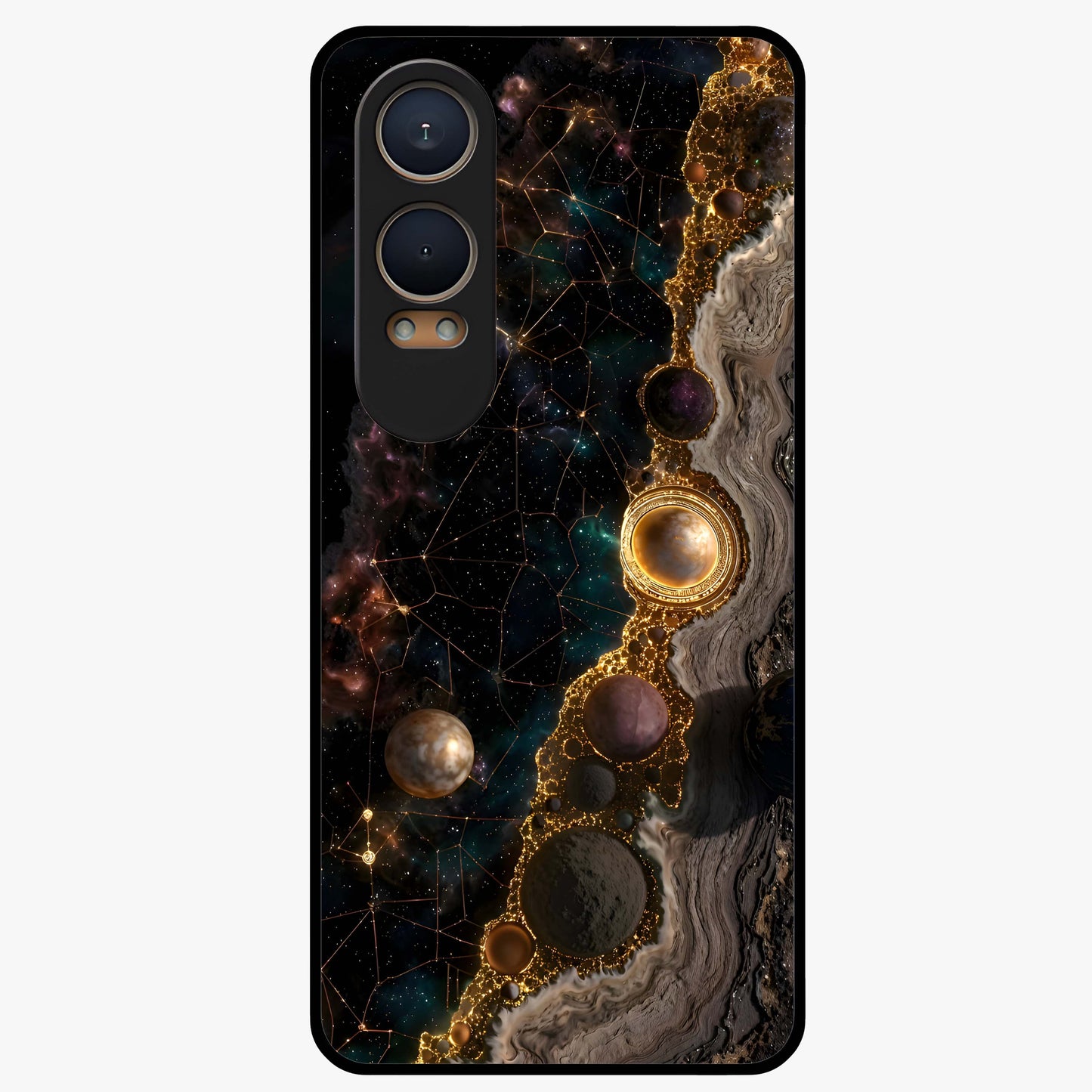 Cosmic Gold Path Glass Case for 1+Nord CE 4 Lite luxurious front view featuring golden pathway artwork against cosmic backdrop